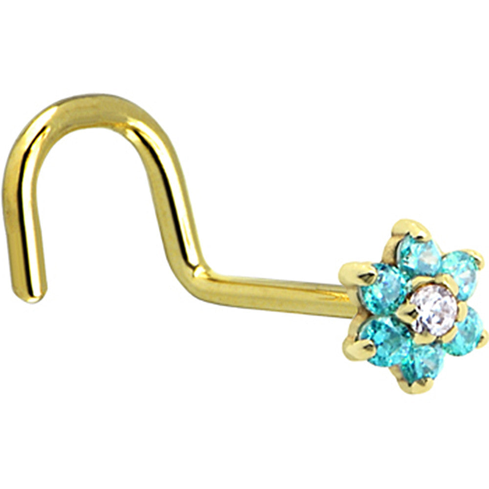 14KT Yellow Gold Mint Green and Clear Cubic Zirconia Flower Nose Ring Nose Bone Style