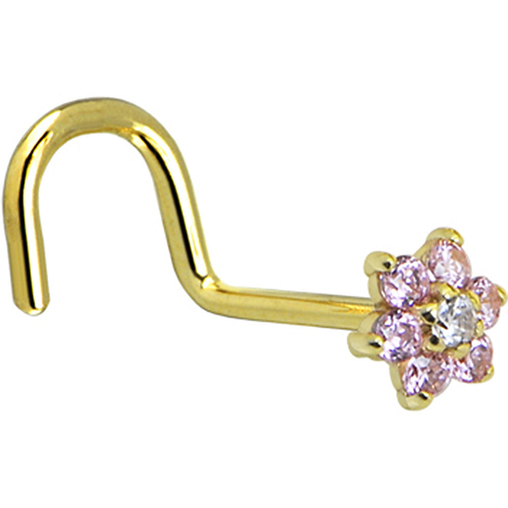 Solid 14KT Yellow Gold Pink and Clear Cubic Zirconia Flower Nose Ring 20 Gauge