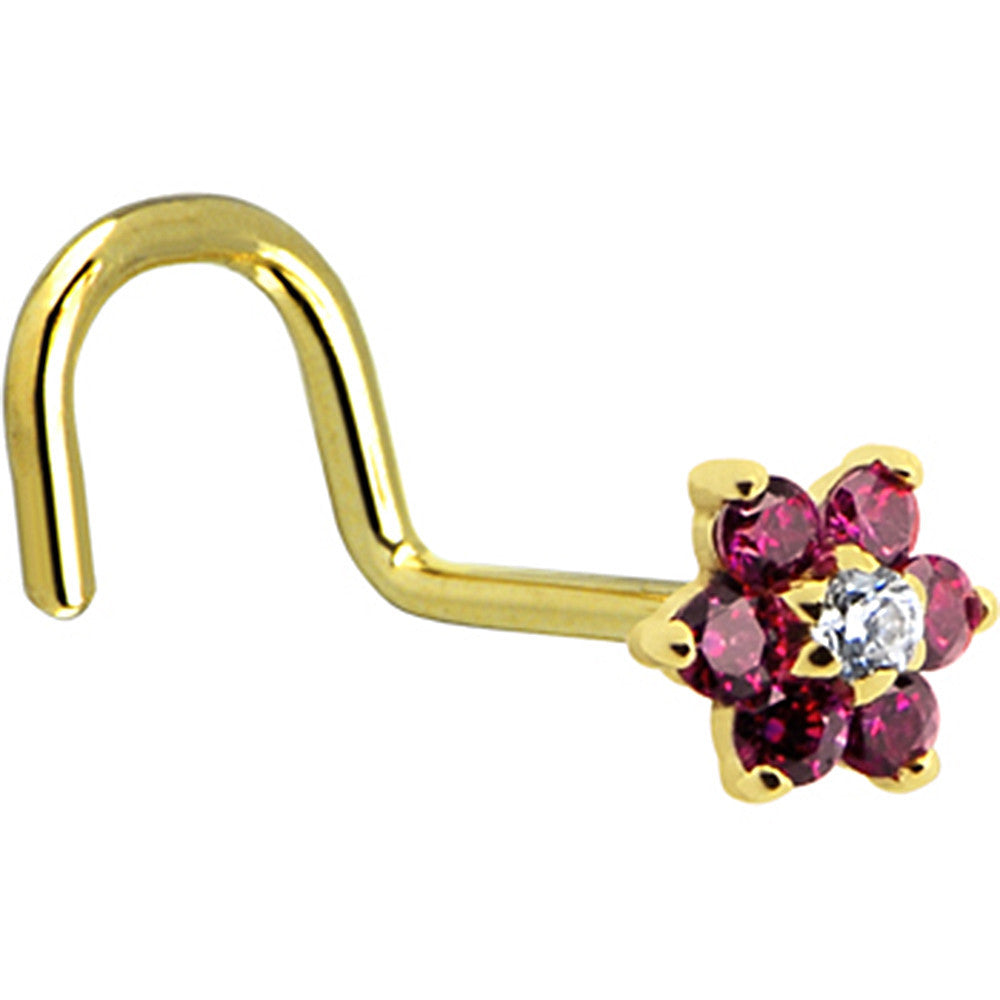 14KT Yellow Gold Flower Nose Ring with Red and Clear Cubic Zirconia