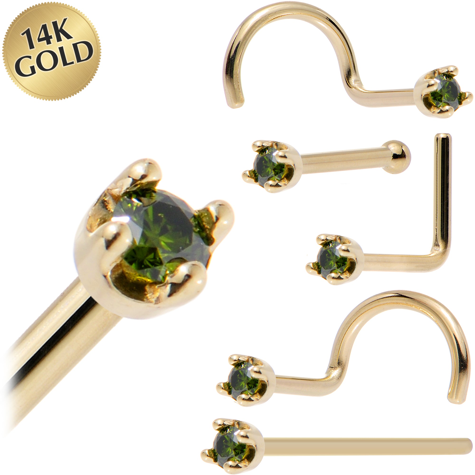 Solid 14KT Yellow Gold May Genuine Green Diamond Nose Ring 18 Gauge