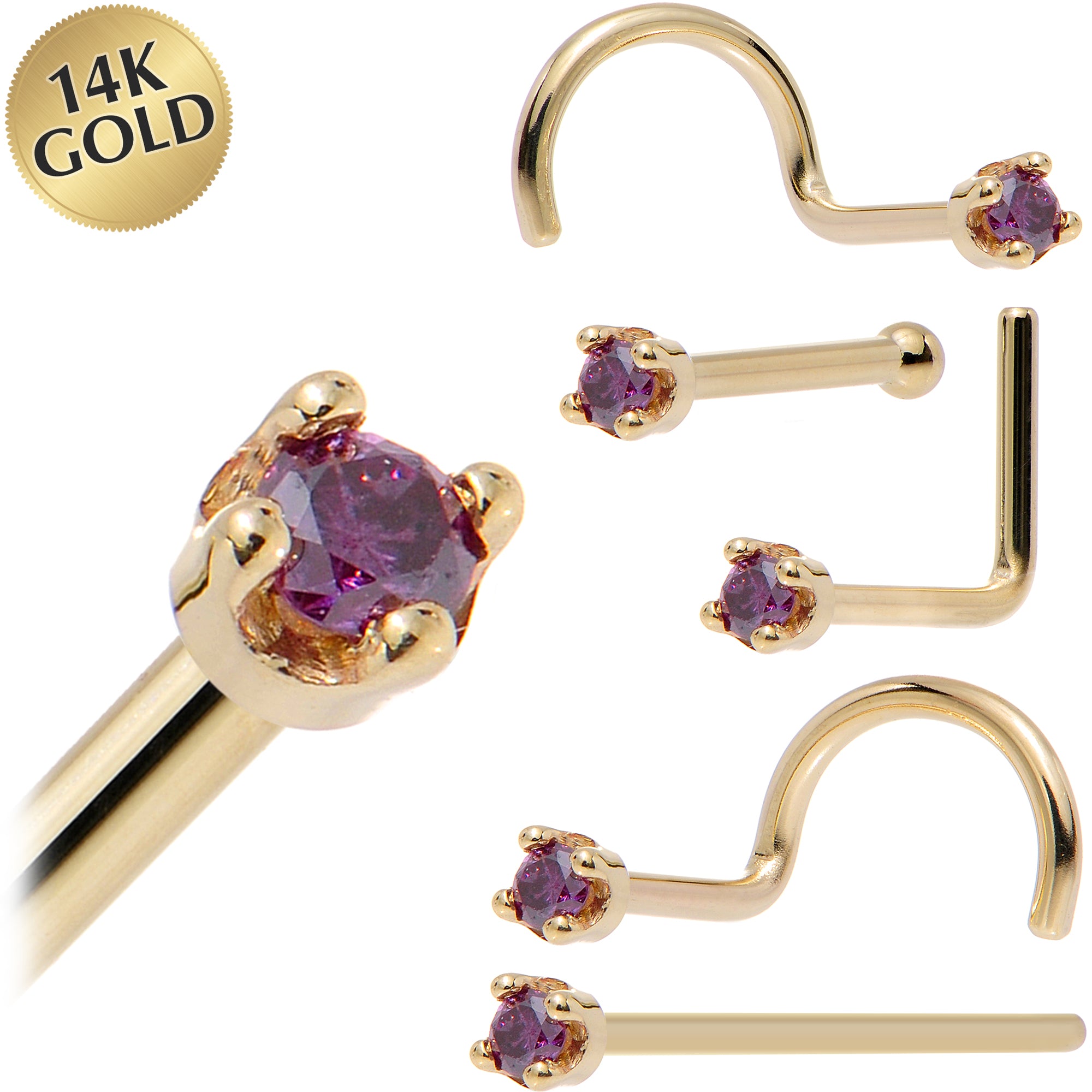 Solid 14KT Yellow Gold (February) 1.5mm Genuine Purple Diamond Nose Ring