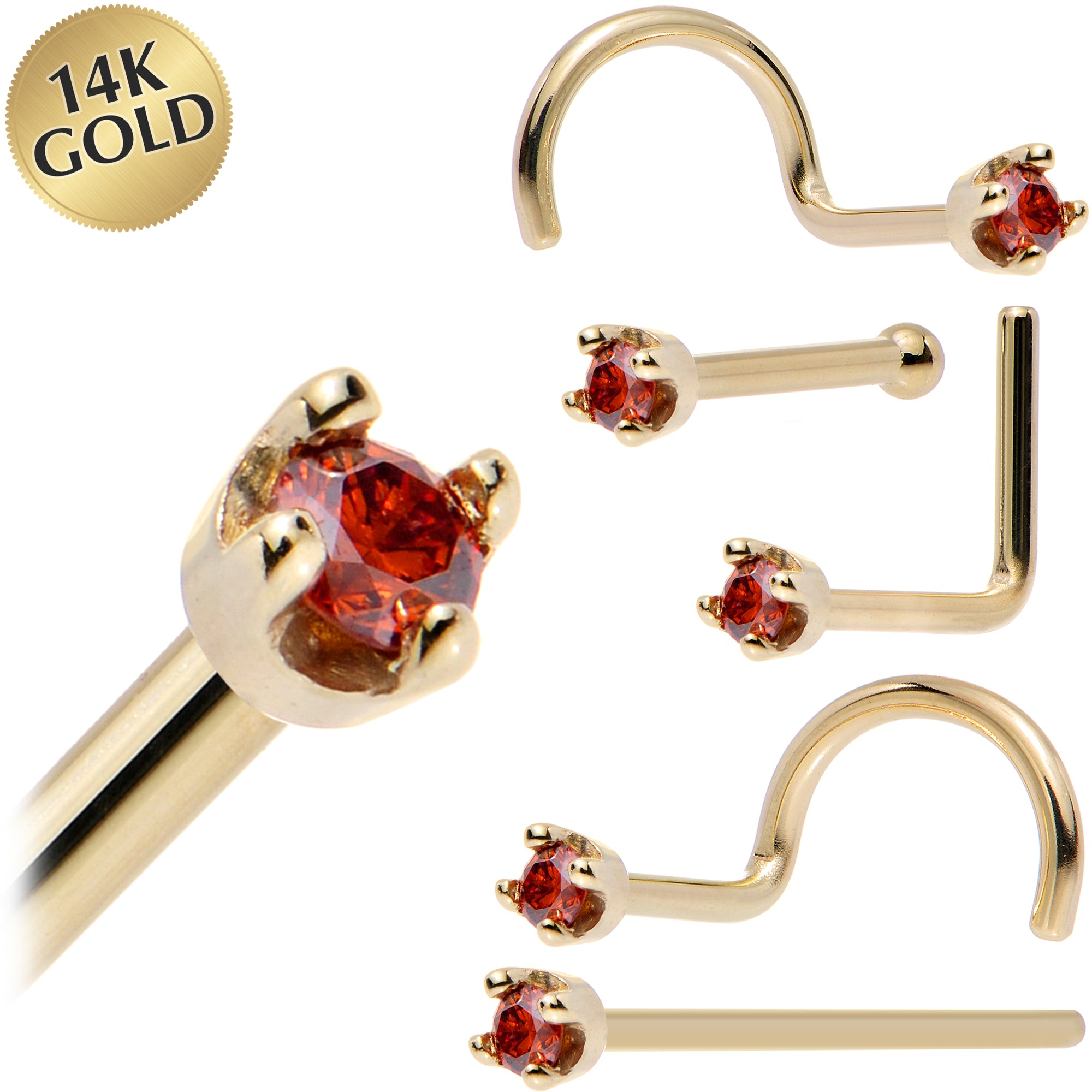 Solid 14KT Yellow Gold January Red Diamond Nose Ring 1.5mm Nose Bone