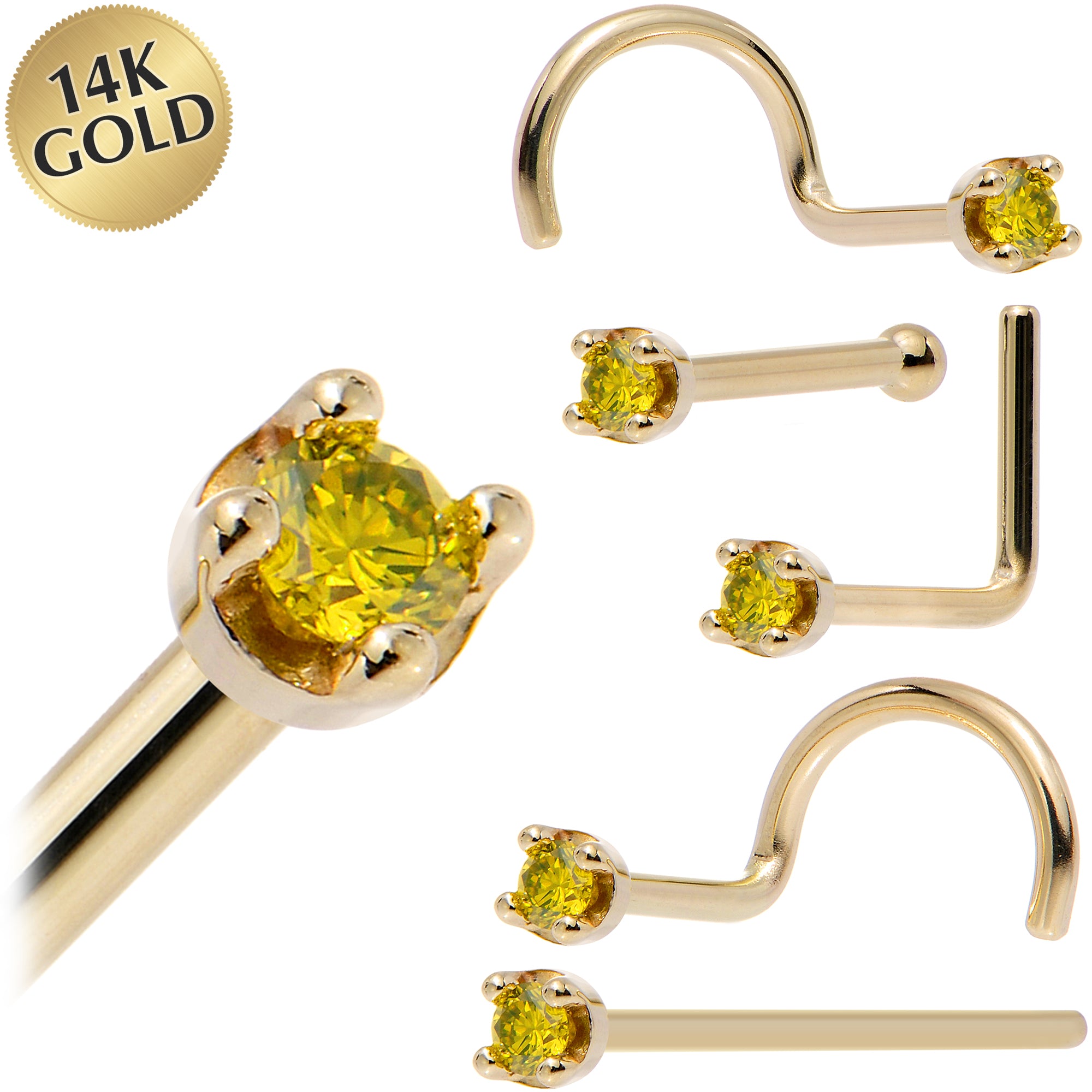 Solid 14KT Yellow Gold (November) 1.5mm Genuine Yellow Diamond Nose Ring
