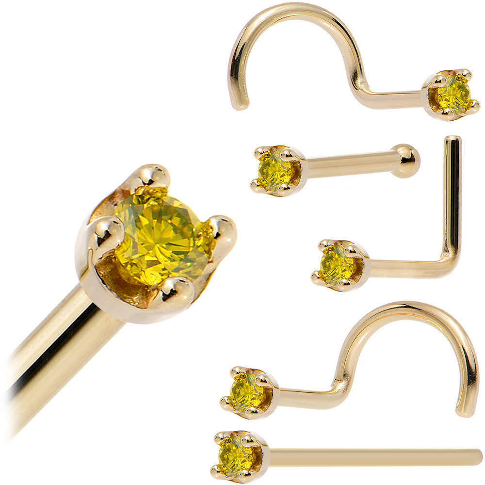 Solid 14K Yellow Gold 1.5mm Genuine Yellow Diamond Nose Ring