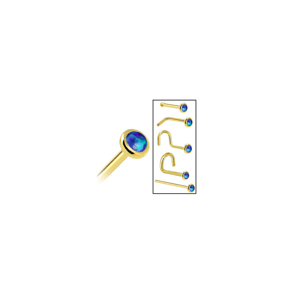 18 and 20 gauge 14KT Yellow Gold Dark Blue Opal Nose Ring Nose Bone Screw L-Shape Fishtail