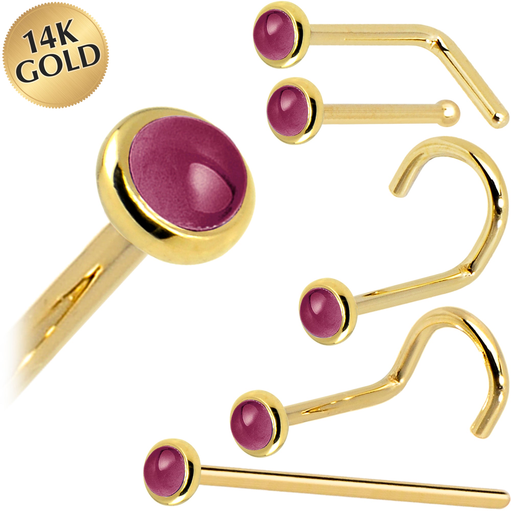 Solid 14KT Yellow Gold 2mm Genuine Raspberry Rhodolite Garnet Nose Ring 18 Gauge Nose Bone