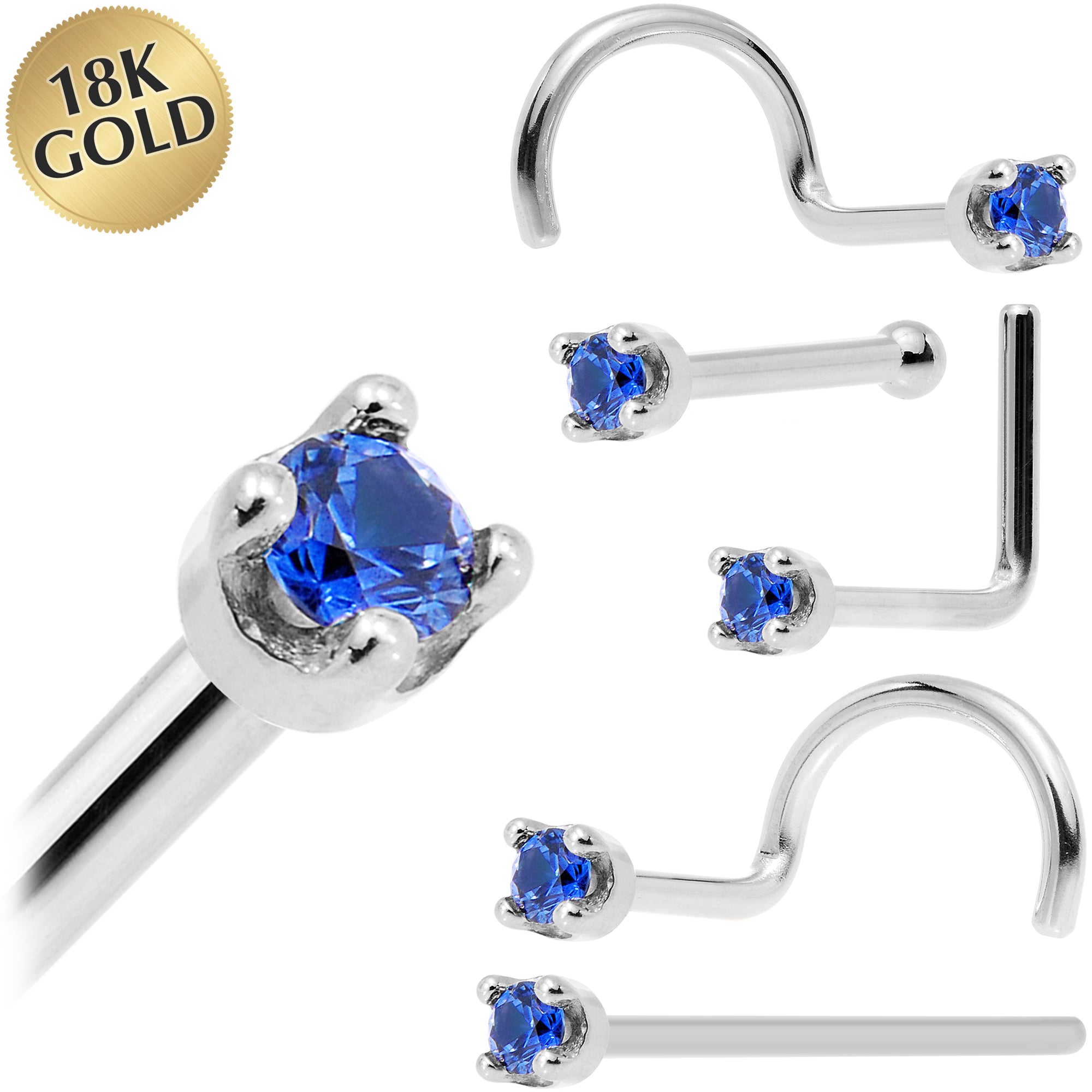 Solid 18KT White Gold September Genuine Blue Sapphire Nose Ring 18 Gauge