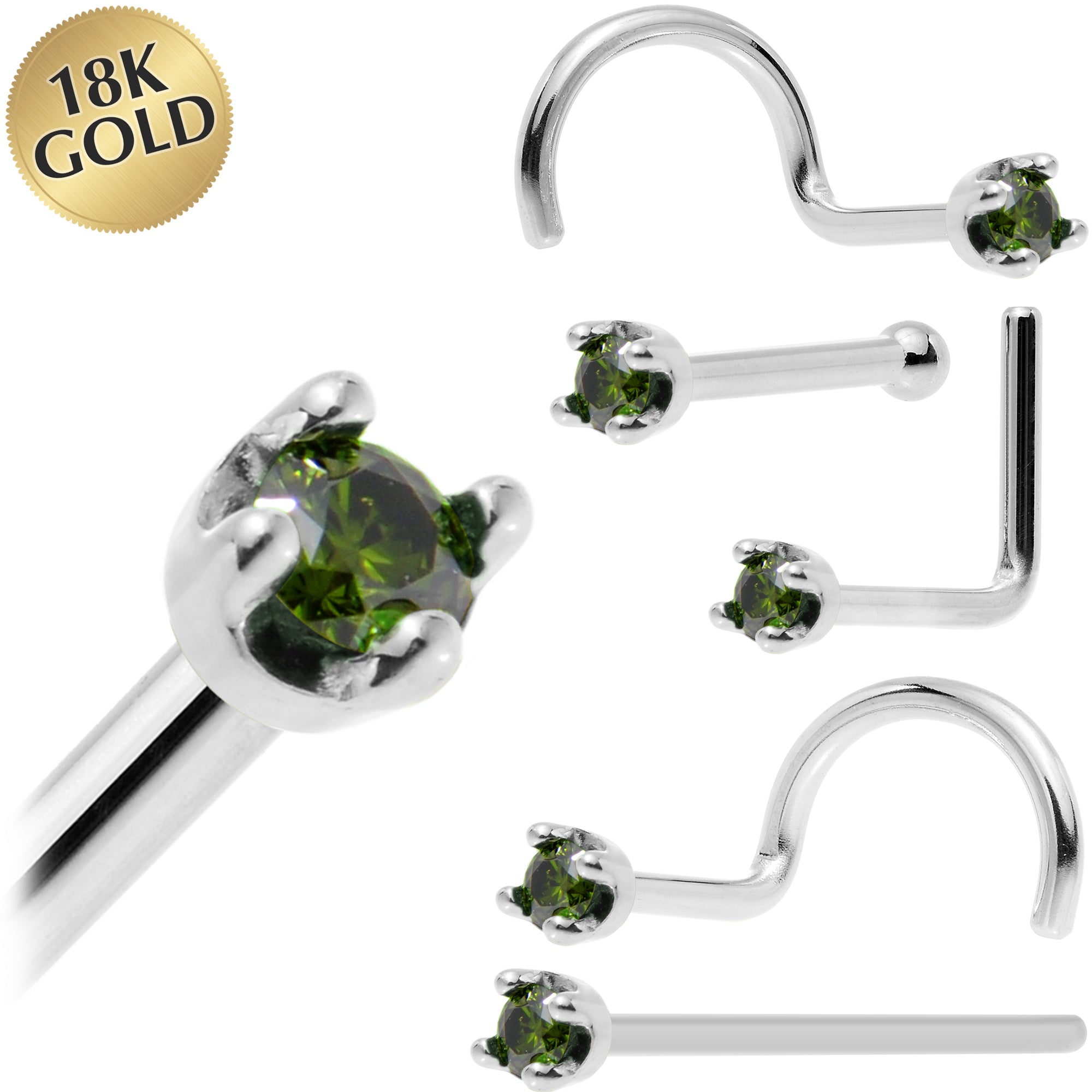Solid 18KT White Gold May Genuine Green Diamond Nose Ring 18 Gauge