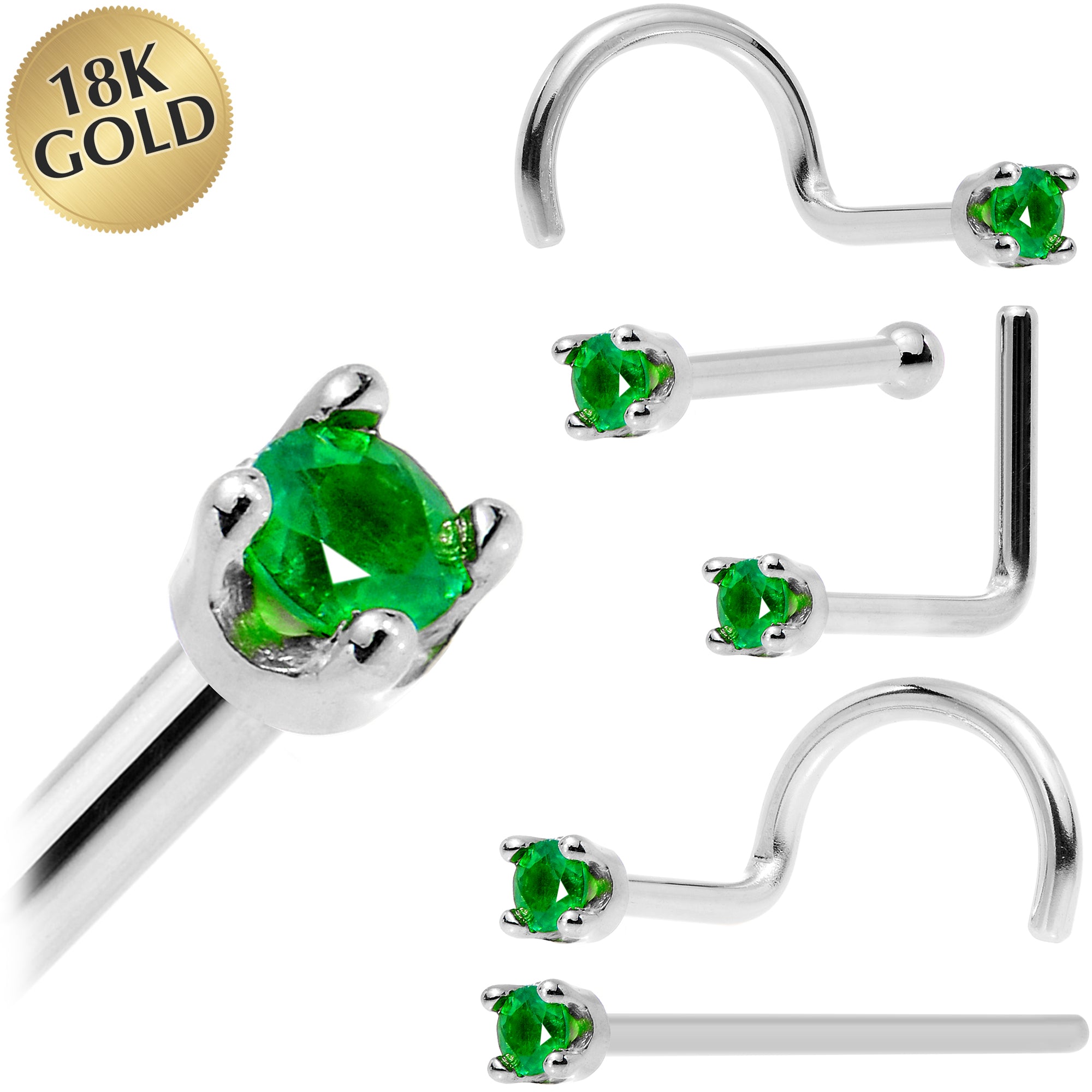 Solid 18KT White Gold May 1.5mm Genuine Emerald Nose Ring 18 Gauge