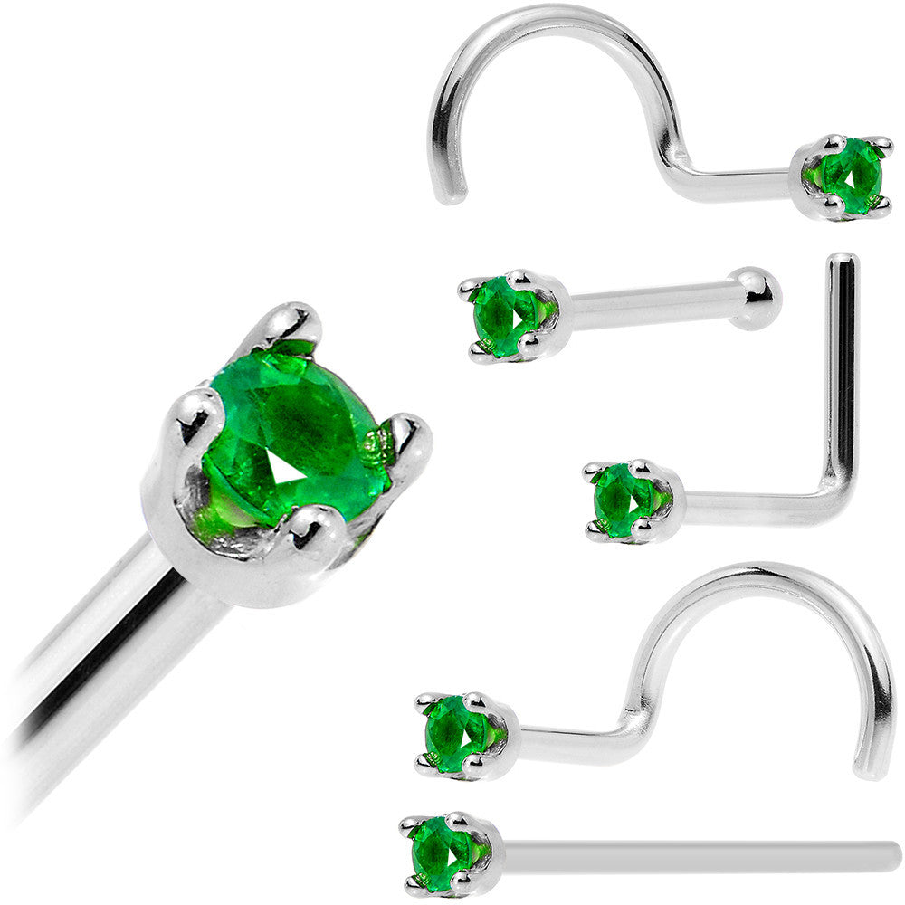 Solid 18K White Gold 1.5mm Genuine Emerald Nose Ring