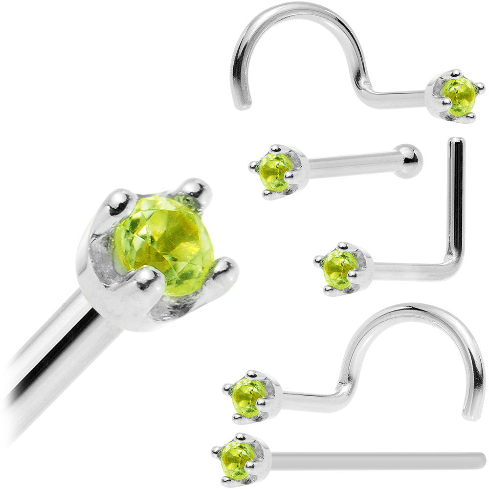 Solid 18K White Gold 1.5mm Genuine Peridot Nose Ring