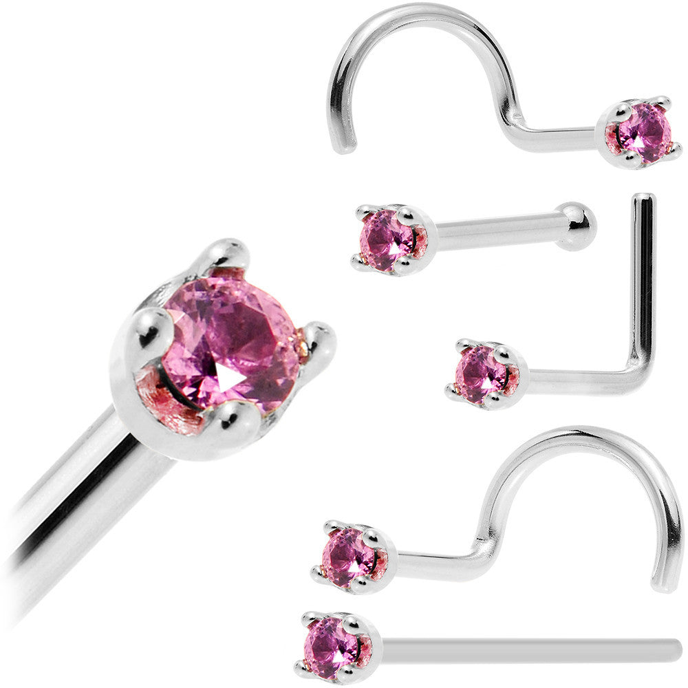 Solid 14K White Gold 1.5mm Genuine Pink Sapphire Nose Ring