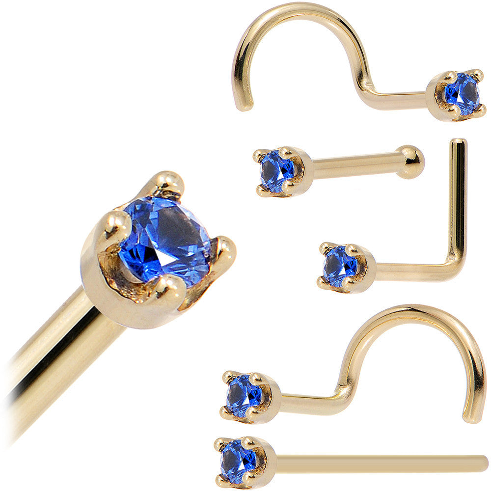 Solid 14K Yellow Gold 1.5mm Genuine Blue Sapphire Nose Stud Ring