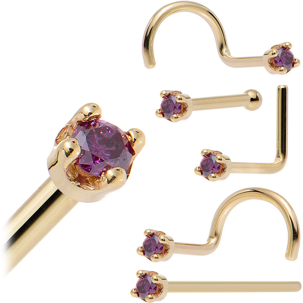 Solid 18K Yellow Gold 1.5mm Genuine Purple Diamond Nose Ring