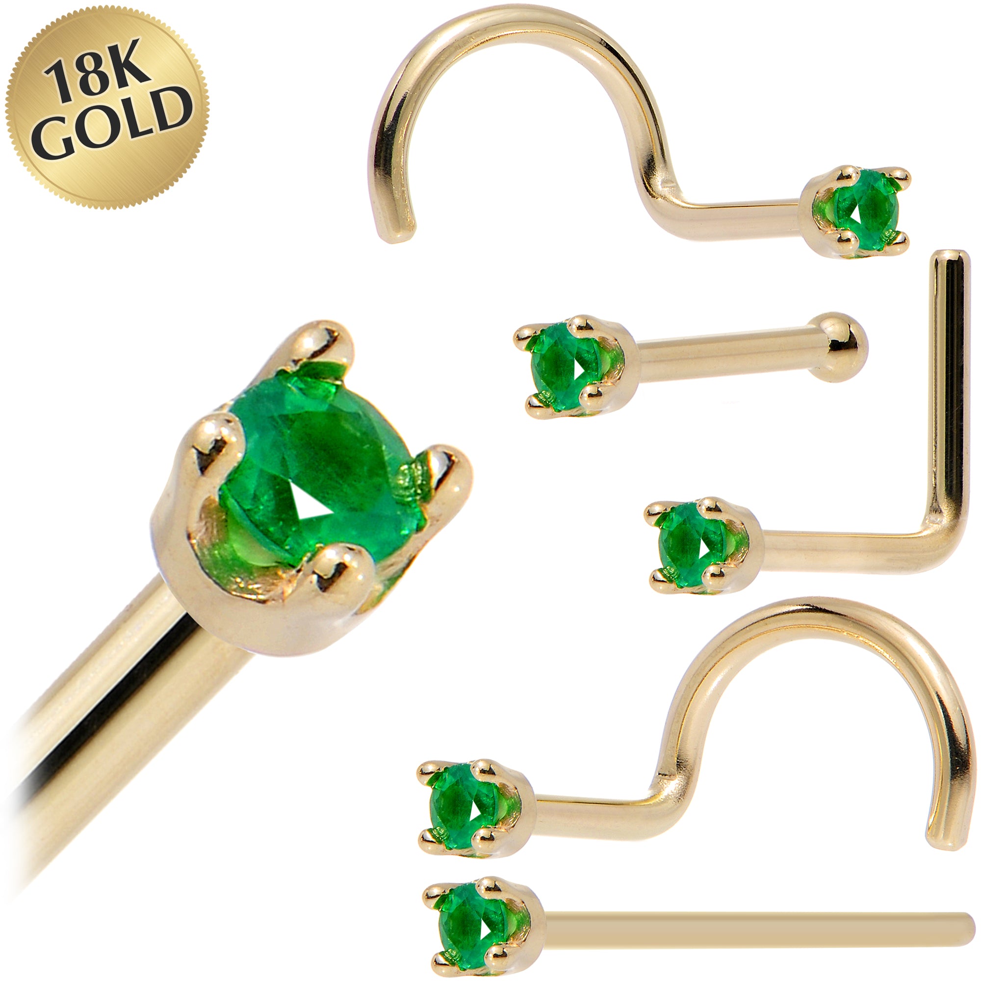 Solid 18KT Yellow Gold May 1.5mm Genuine Emerald Nose Ring 18 Gauge