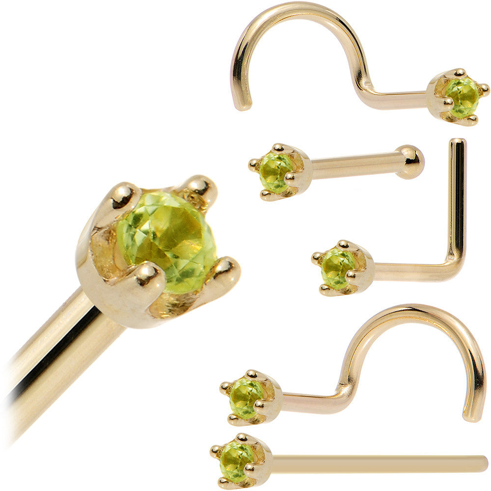 Solid 14K Yellow Gold 1.5mm Genuine Peridot Nose Ring