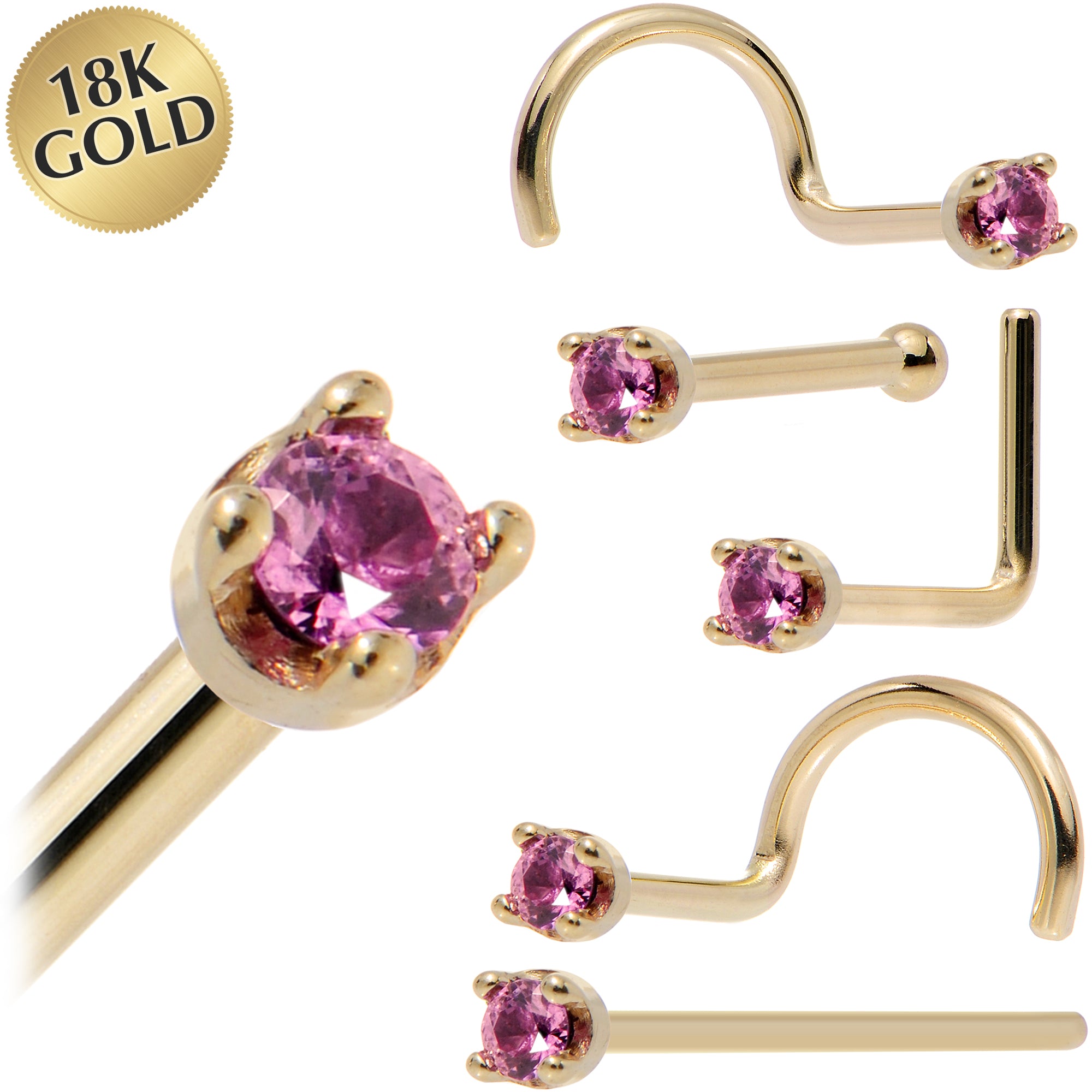 Solid 18KT Yellow Gold 1.5mm Genuine Pink Sapphire Nose Bone Nose Ring