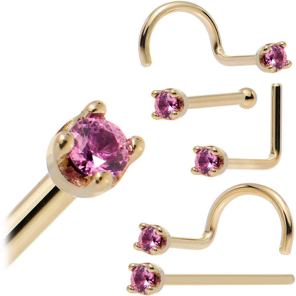 Solid 14K Yellow Gold 1.5mm Genuine Pink Sapphire Nose Ring