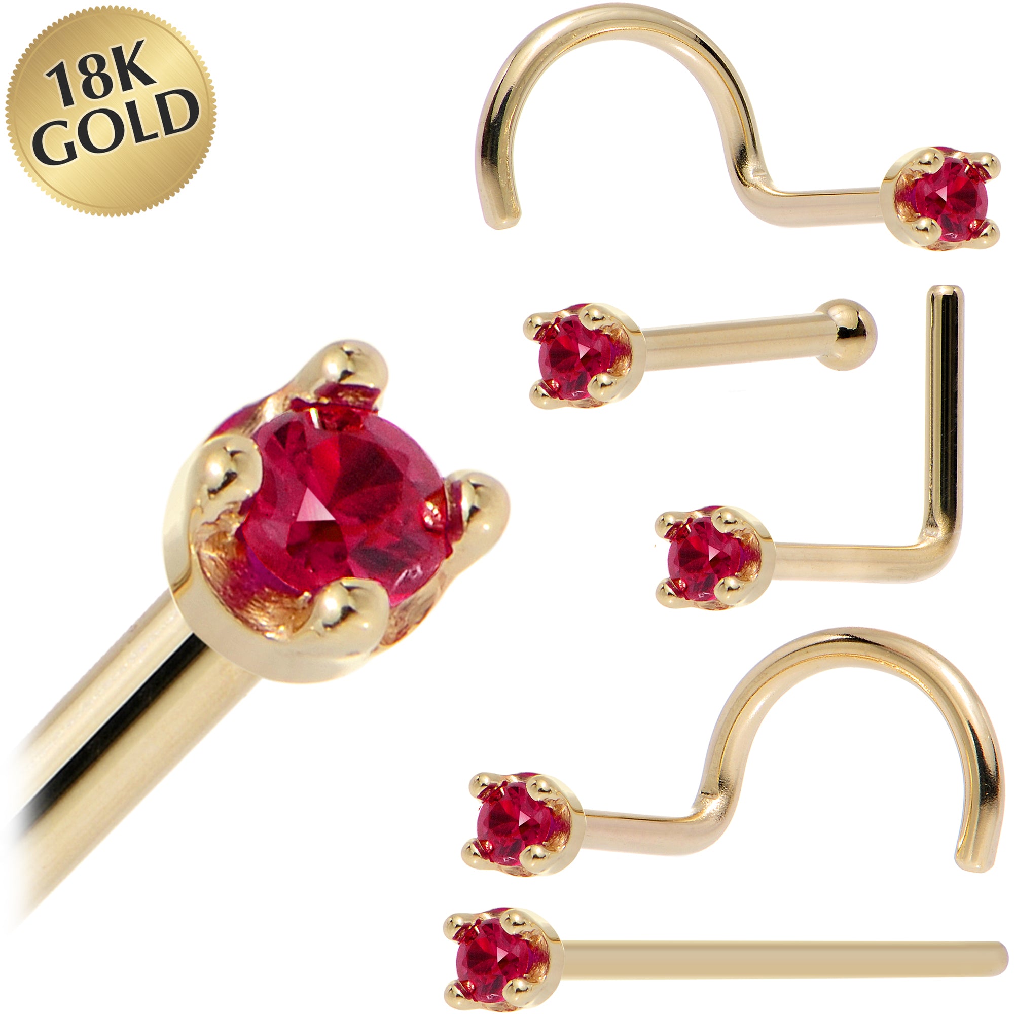 Solid 18KT Yellow Gold Diamond Cut Genuine Ruby Nose Ring 18 Gauge
