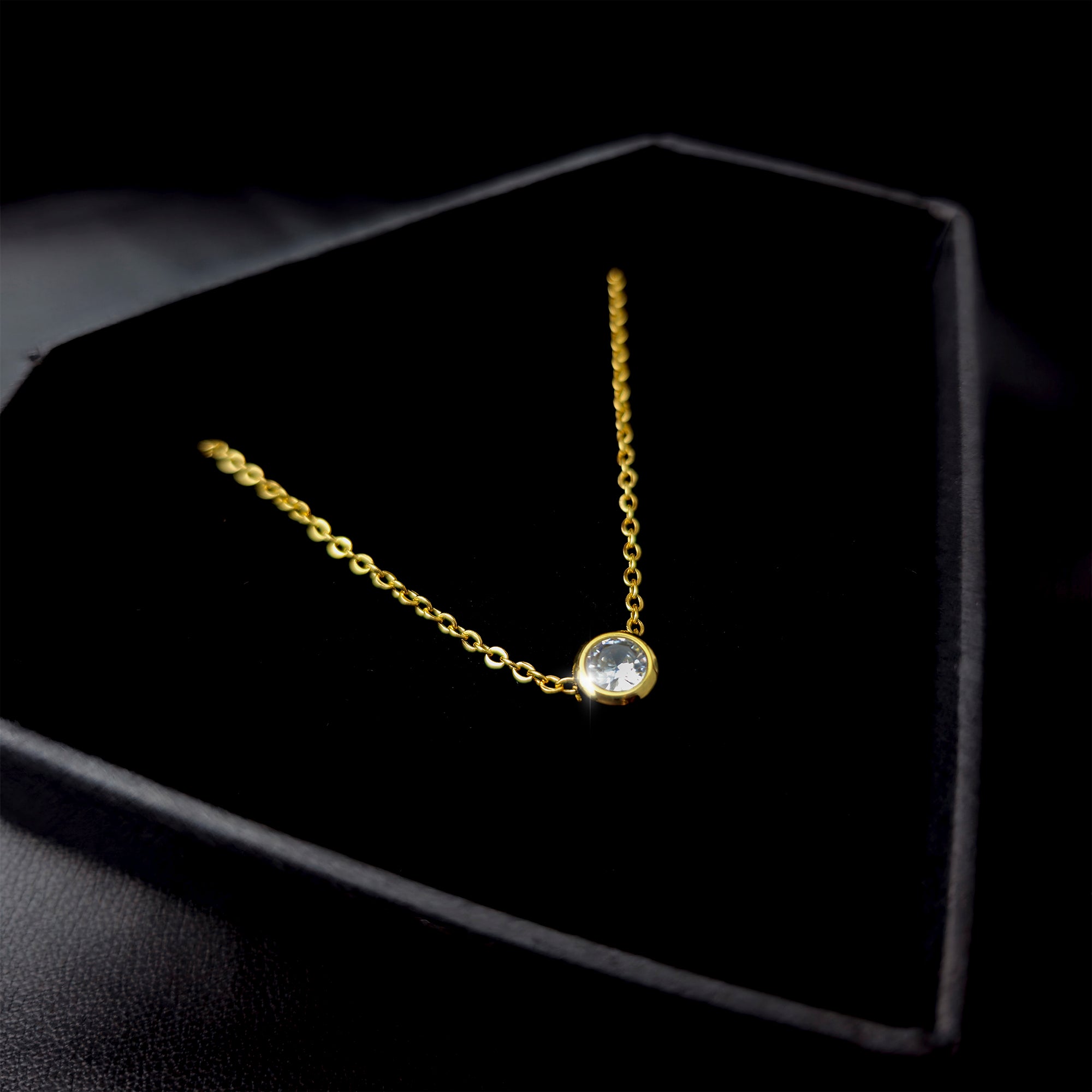 Stainless Steel Gold Tone PVD Chain Dainty Bezel CZ Pendant Necklace