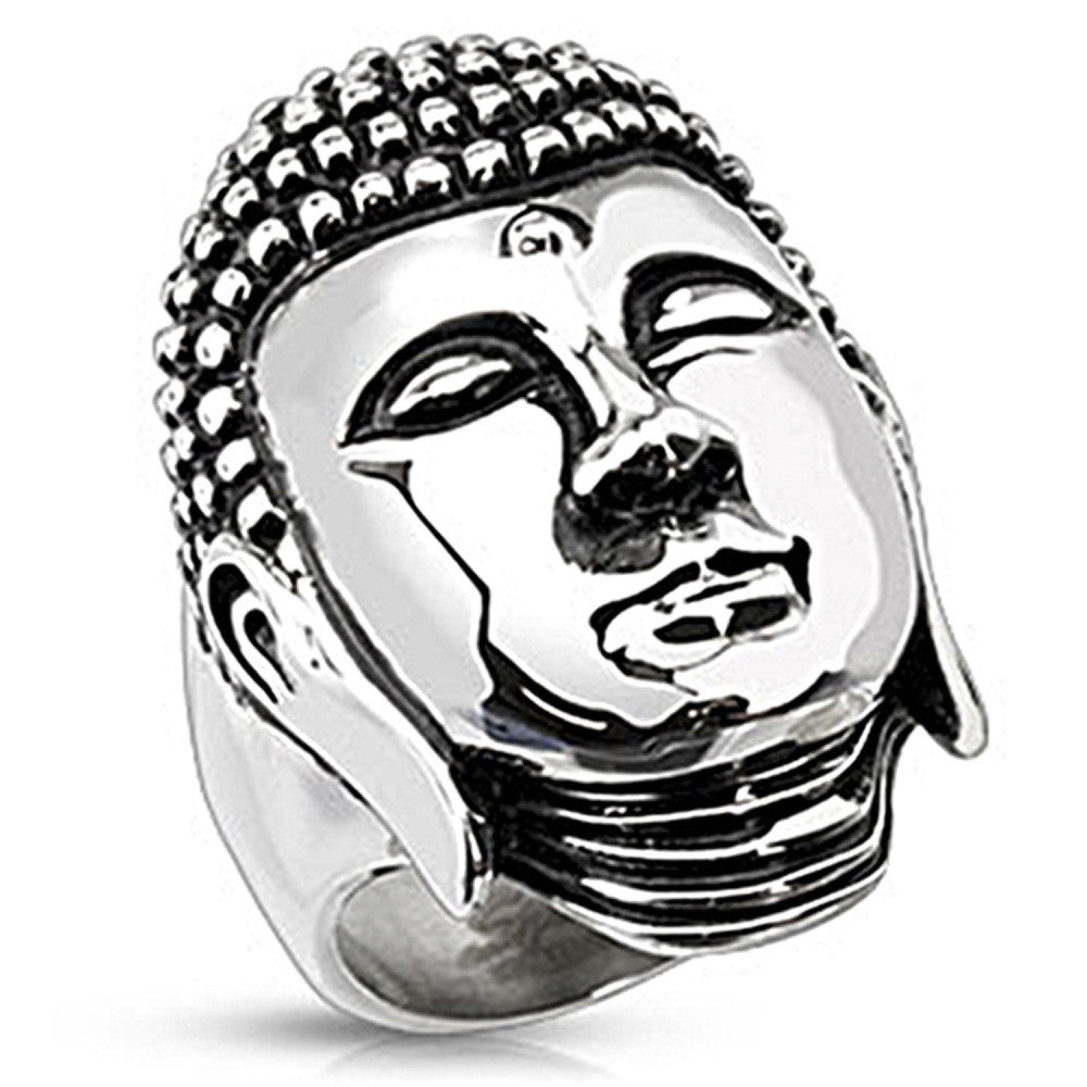 Spikes Stainless Steel Meditating Buddha Wide Cast Ring