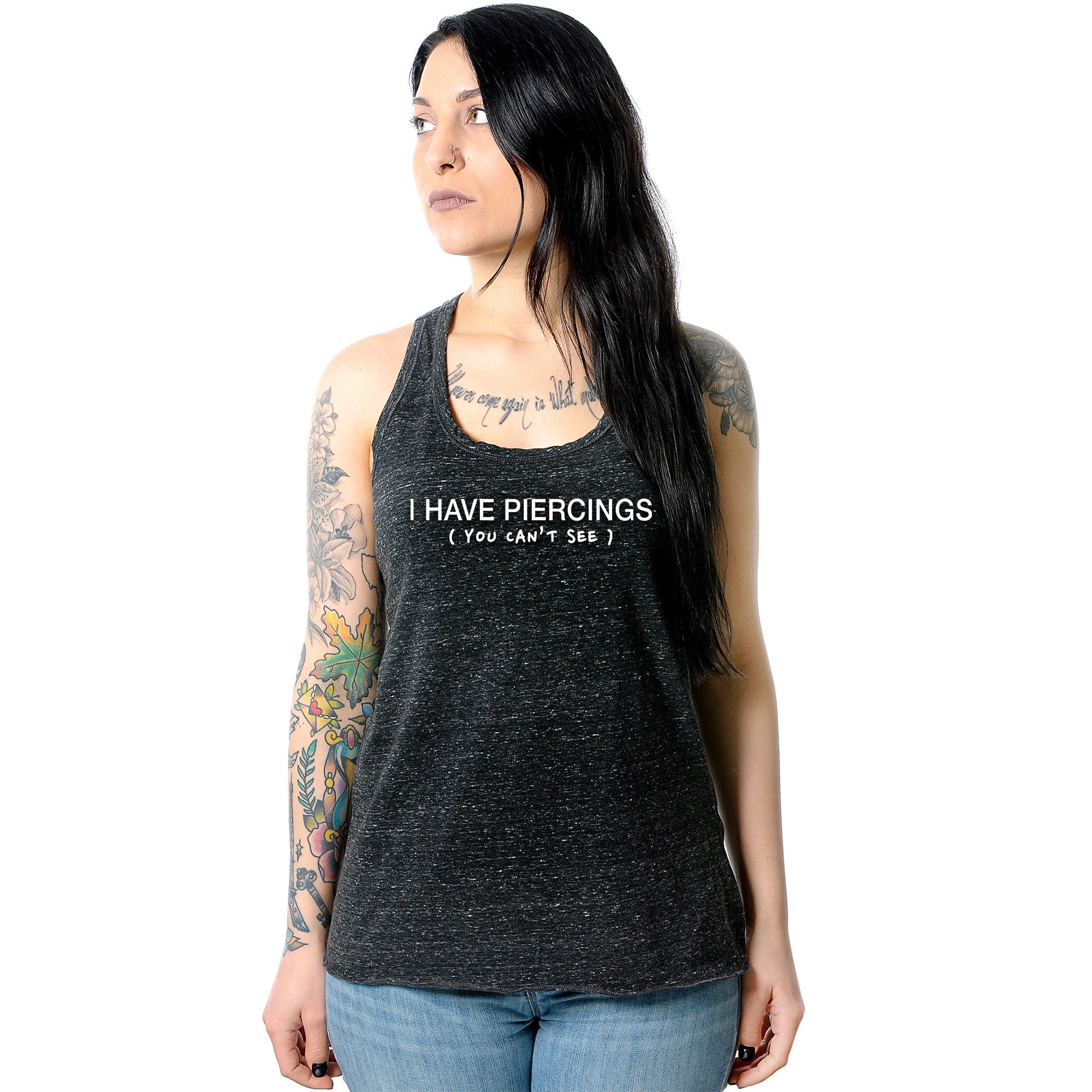 I Have Piercings You Can't See Black Gray Cosmic Twist Back Tank Top
