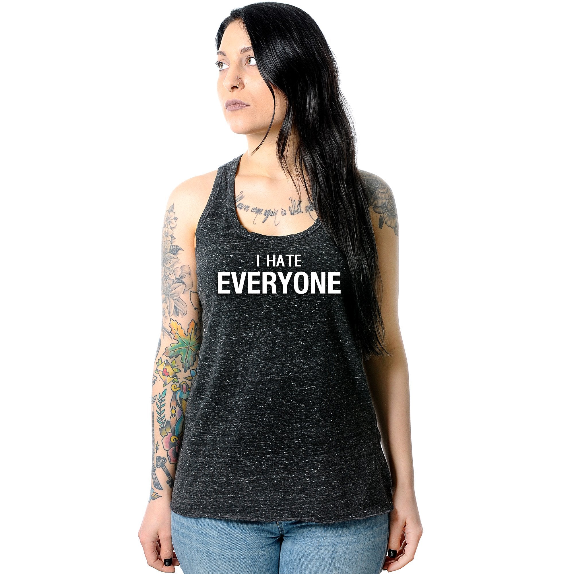 I hate everyone Black Gray Cosmic Twist Back Tank Top