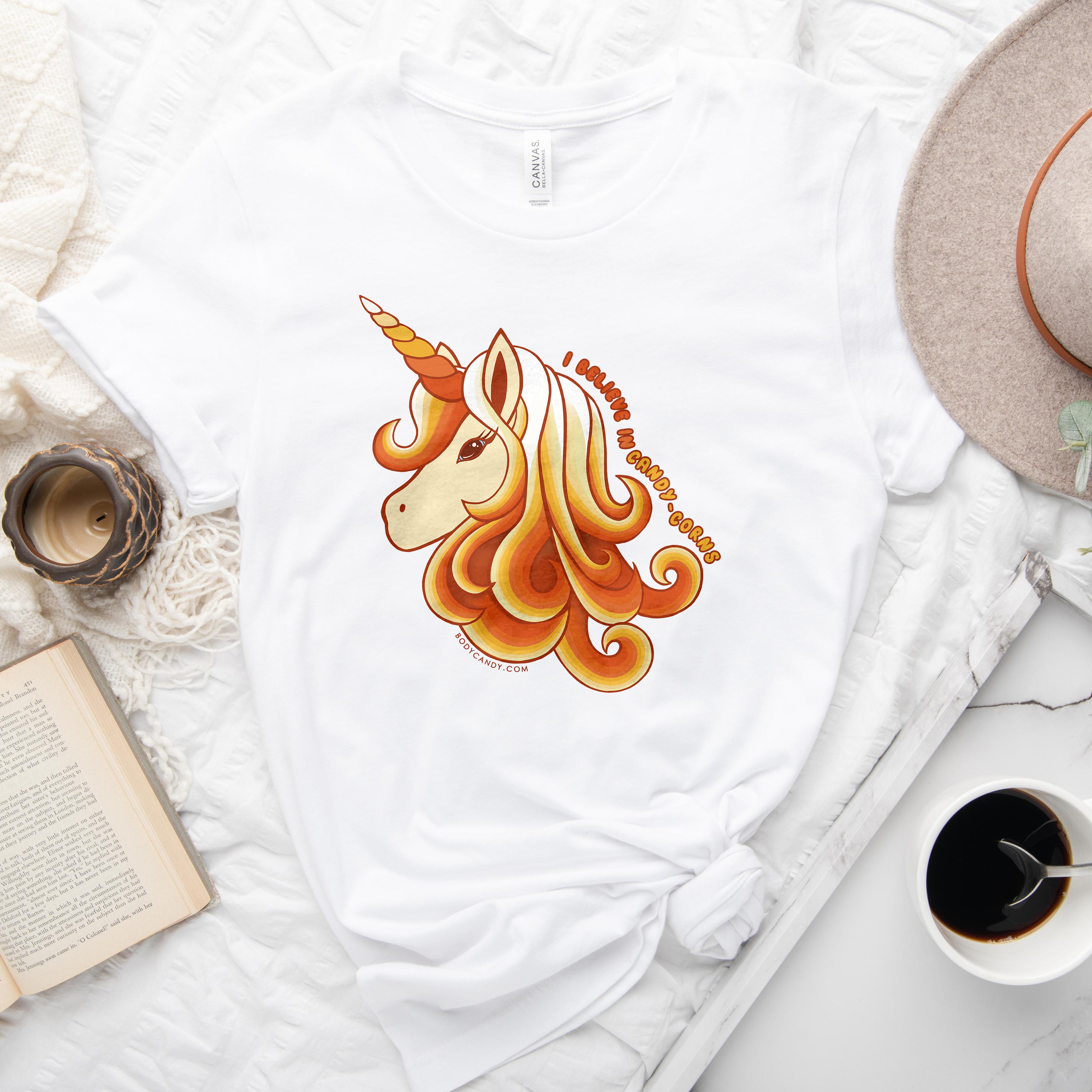 I Believe In Candy-Corns Unicorn White Tee Shirt