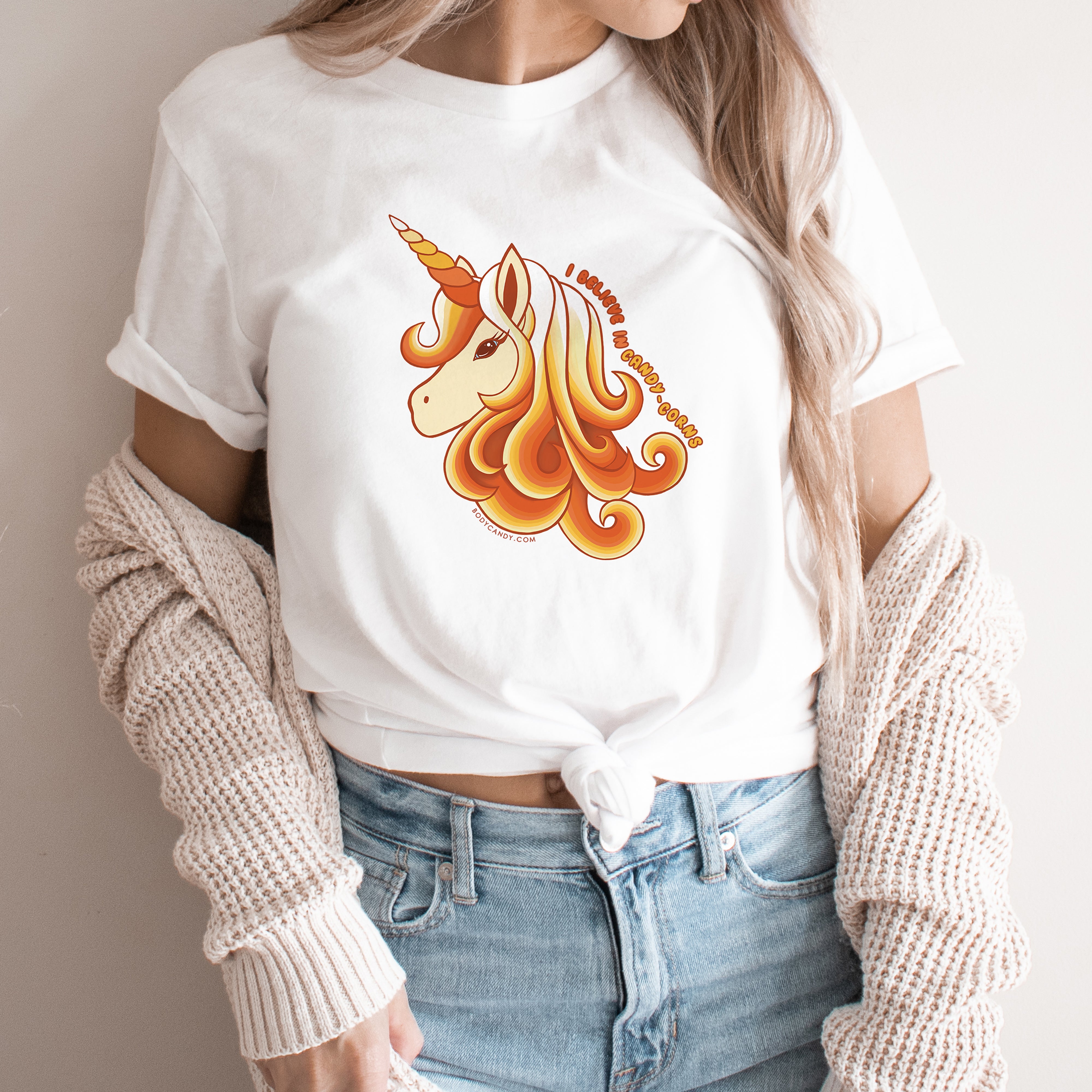 I Believe In Candy-Corns Unicorn White Tee Shirt
