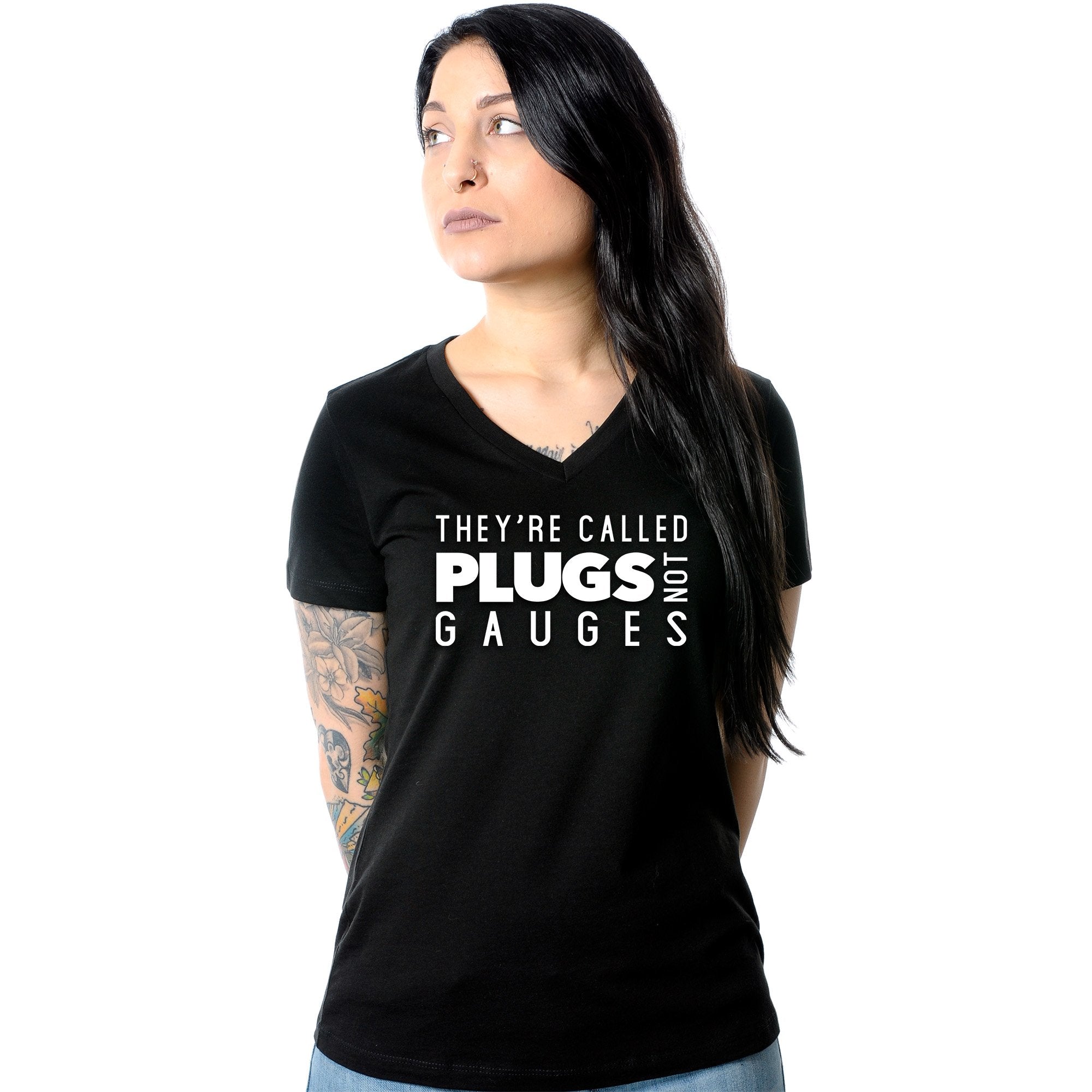 They're Called Plugs NotGs Black Tapered V-Neck Tee Shirt