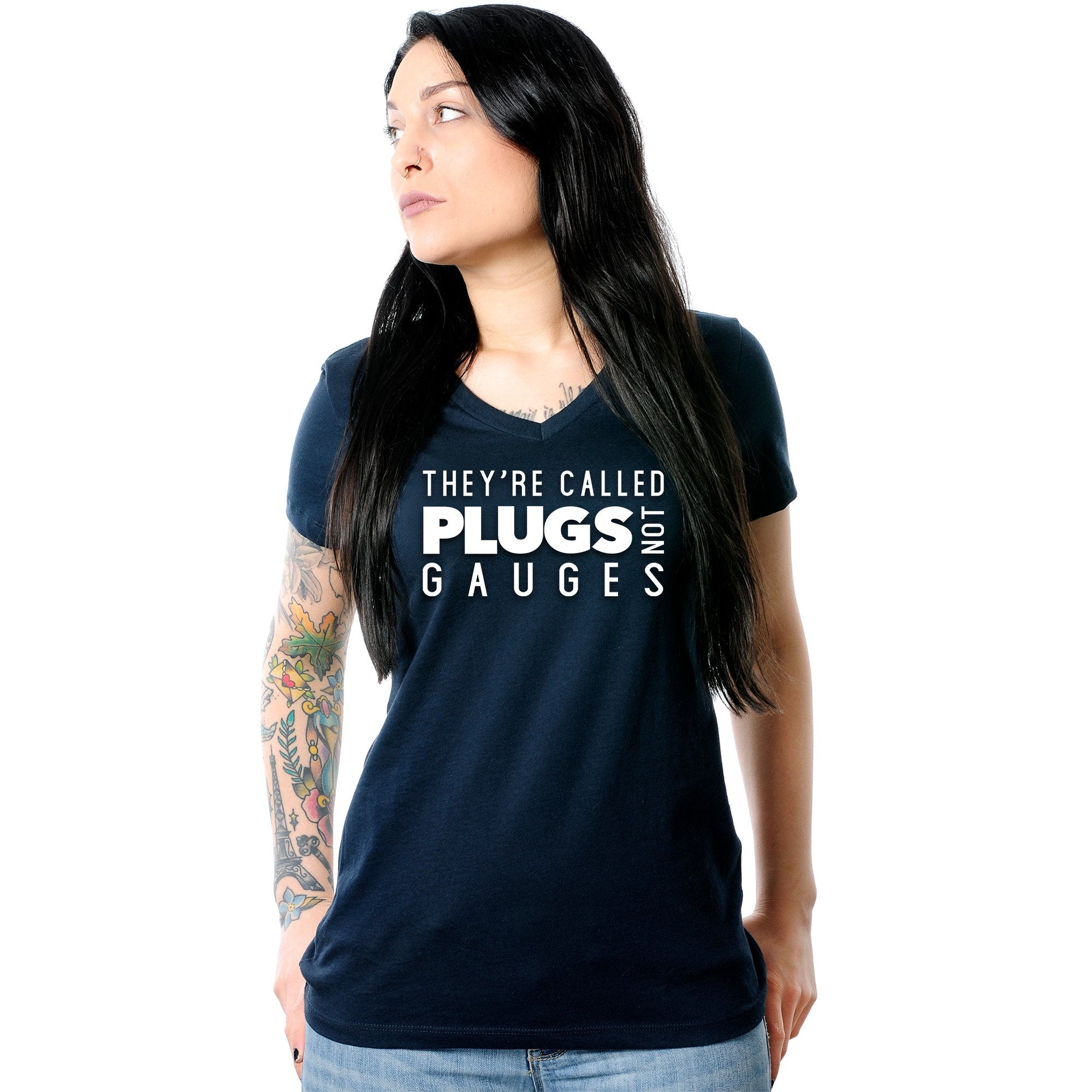 They're Called Plugs NotGs Black Tapered V-Neck Tee Shirt