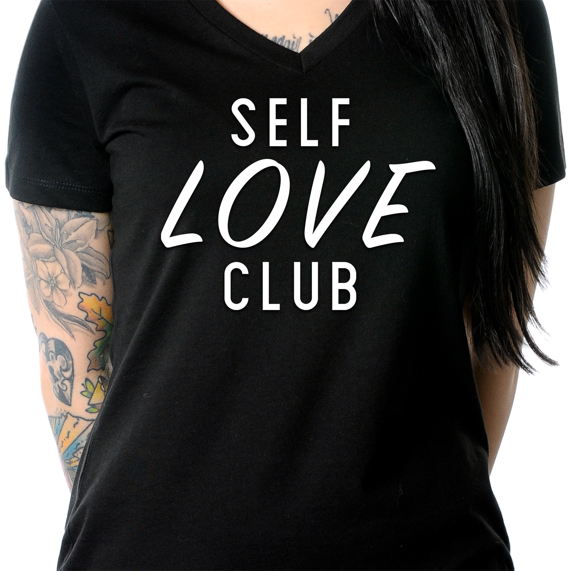 Self Love Club Black Tapered V-Neck Tee Shirt
