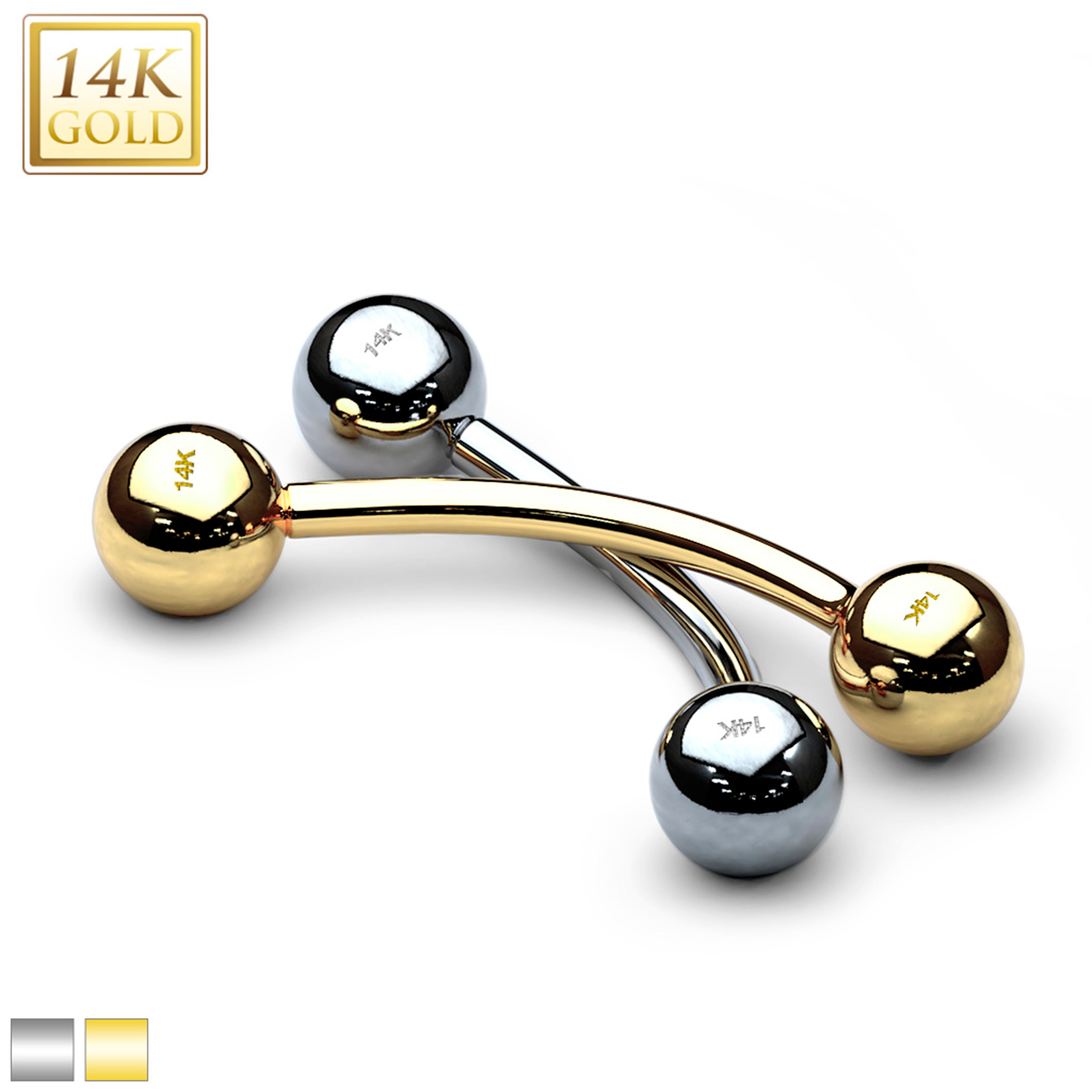 14k Solid Gold 14G Curved Barbell with 4mm Balls