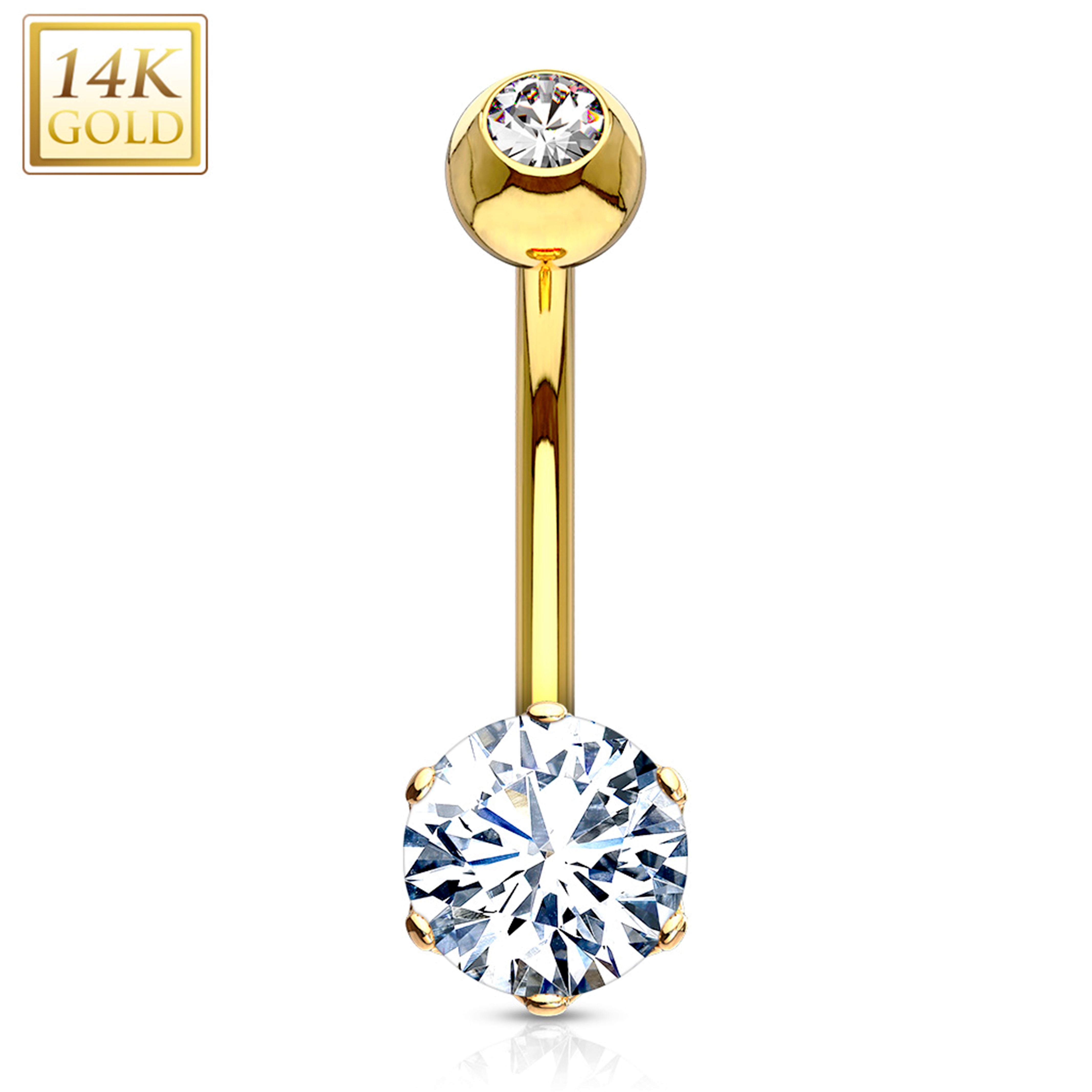 14k Solid Yellow Gold 6-Prong Set 6mm CZ Belly Ring