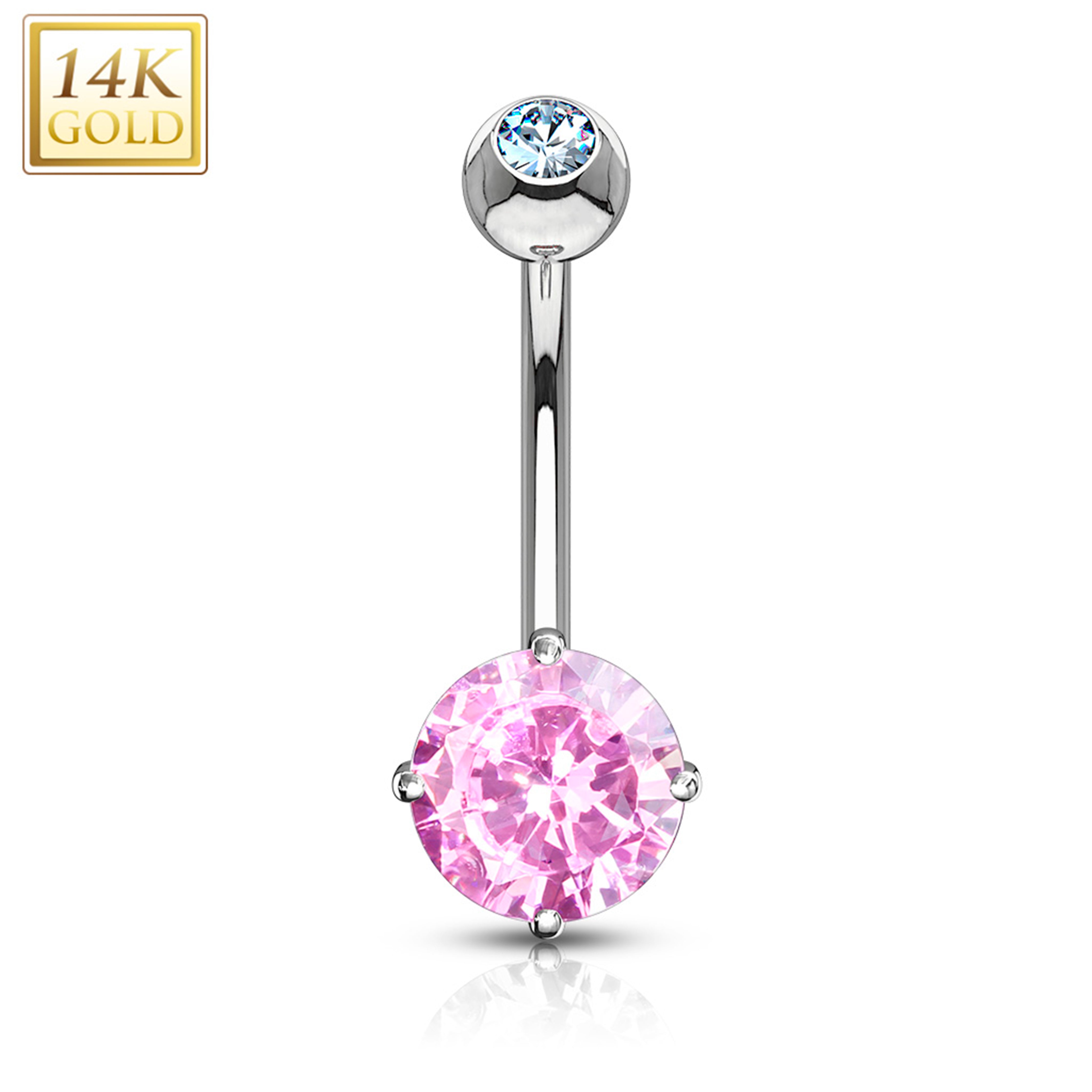 14k Solid White Gold 4-Prong Set Pink 6mm CZ Belly Ring