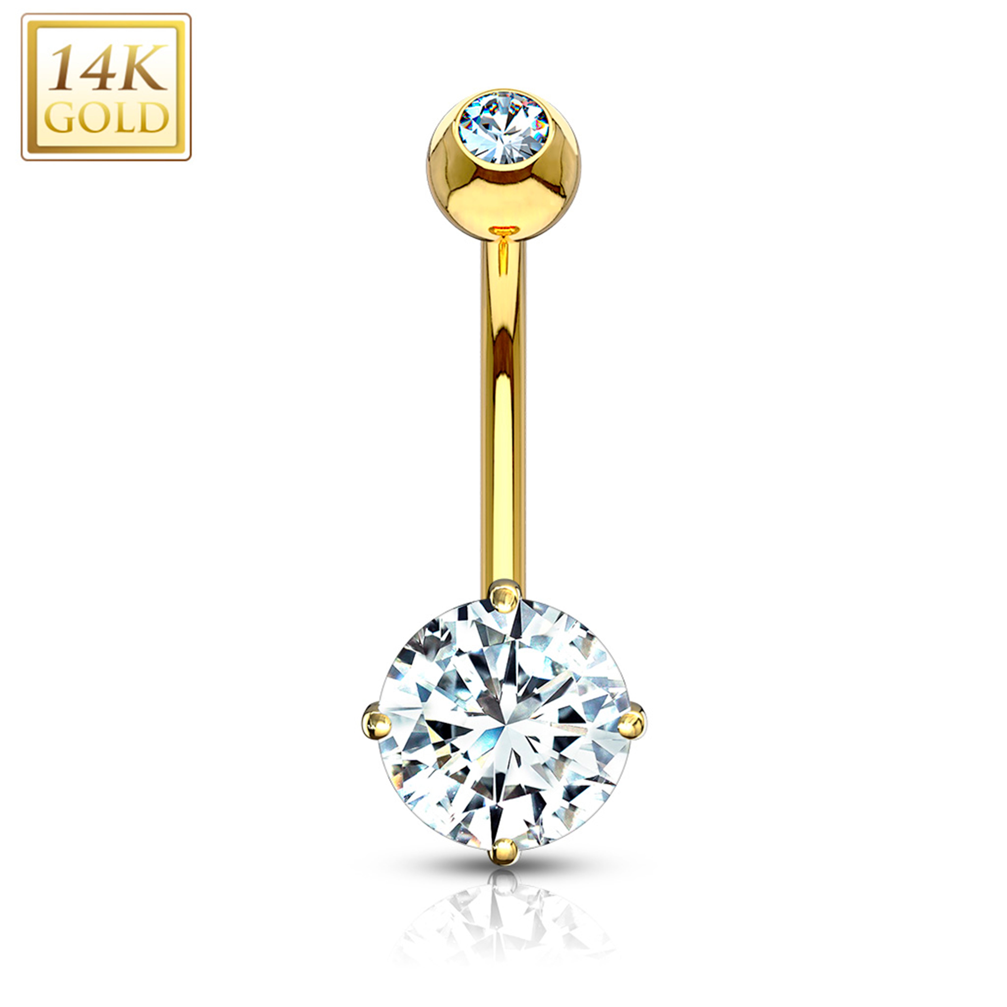 14k Solid Yellow Gold 4-Prong Set 6mm CZ Belly Ring