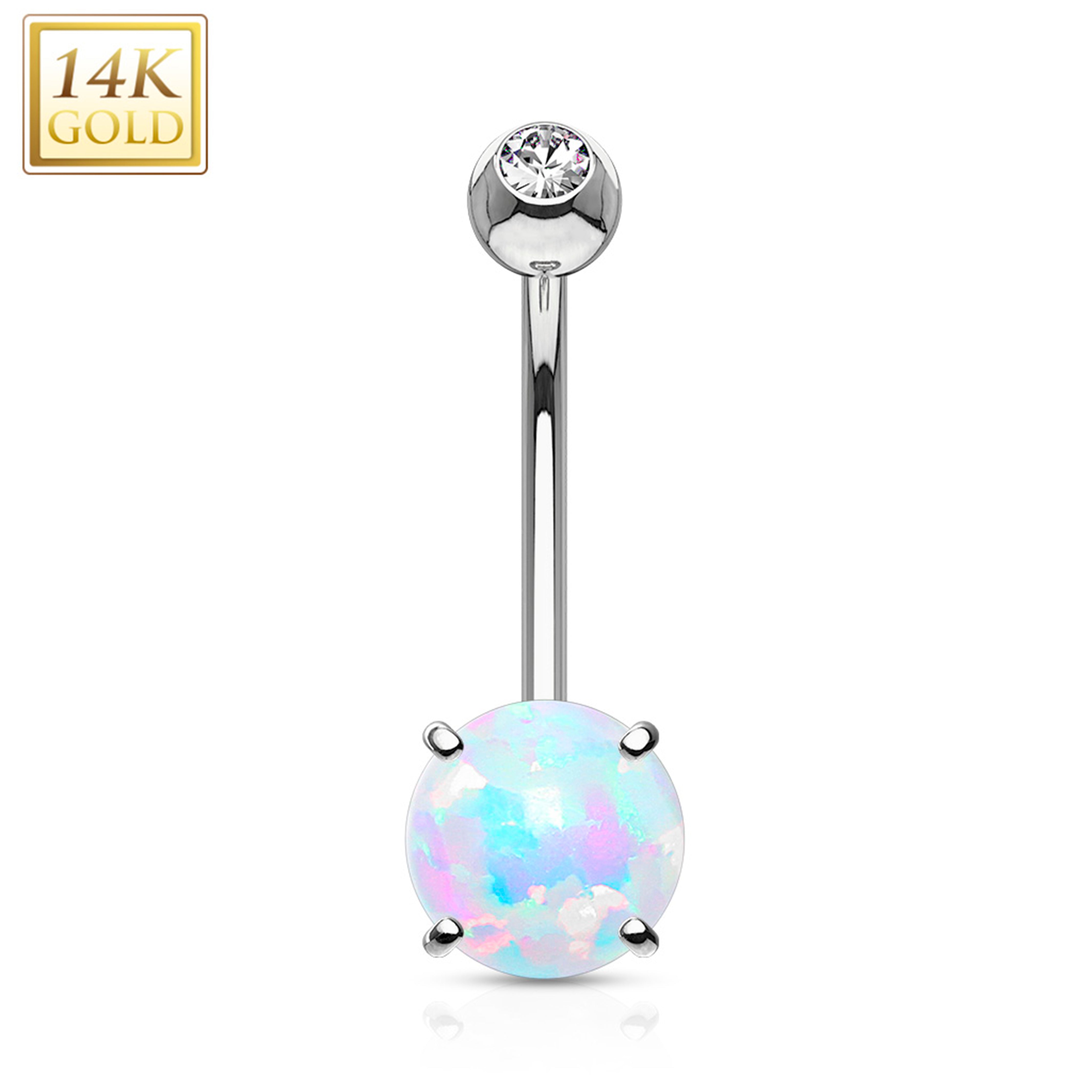 14k Solid White Gold Regal CZ 6mm Synthetic Opal Belly Ring