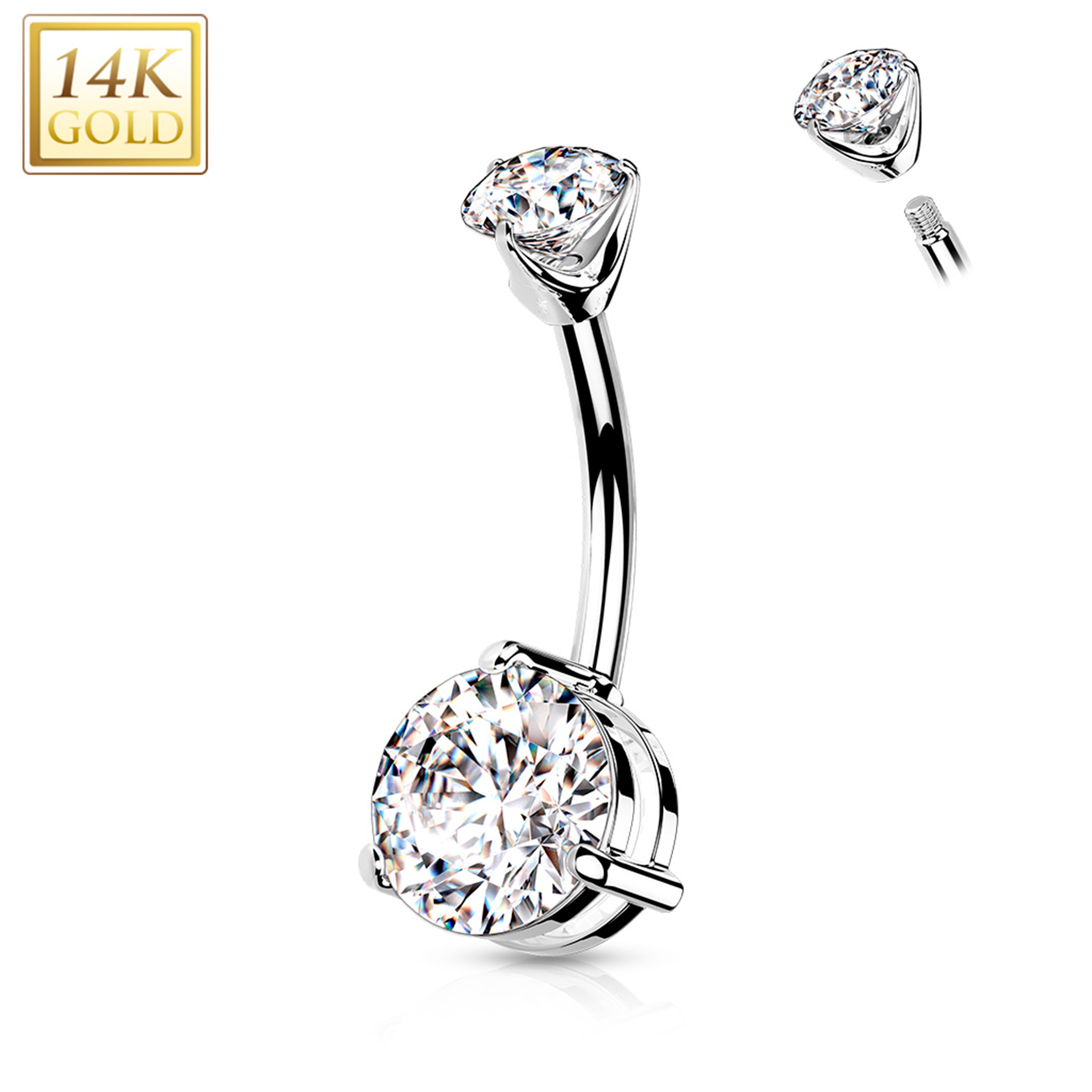 14k Solid White Gold Double Prong Set Cubic Zirconia Belly Ring