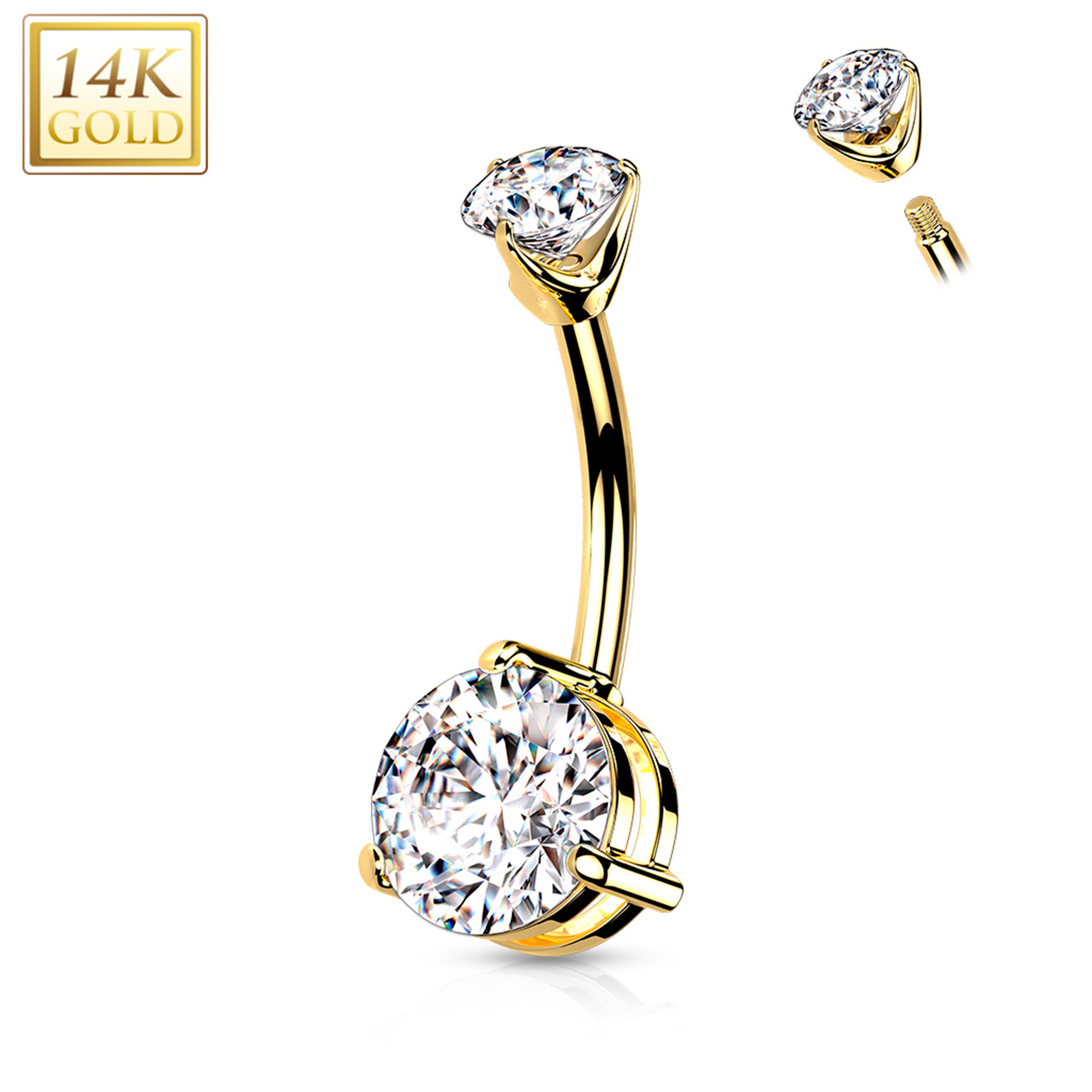 14k Solid Yellow Gold Double Prong Set Cubic Zirconia Belly Ring