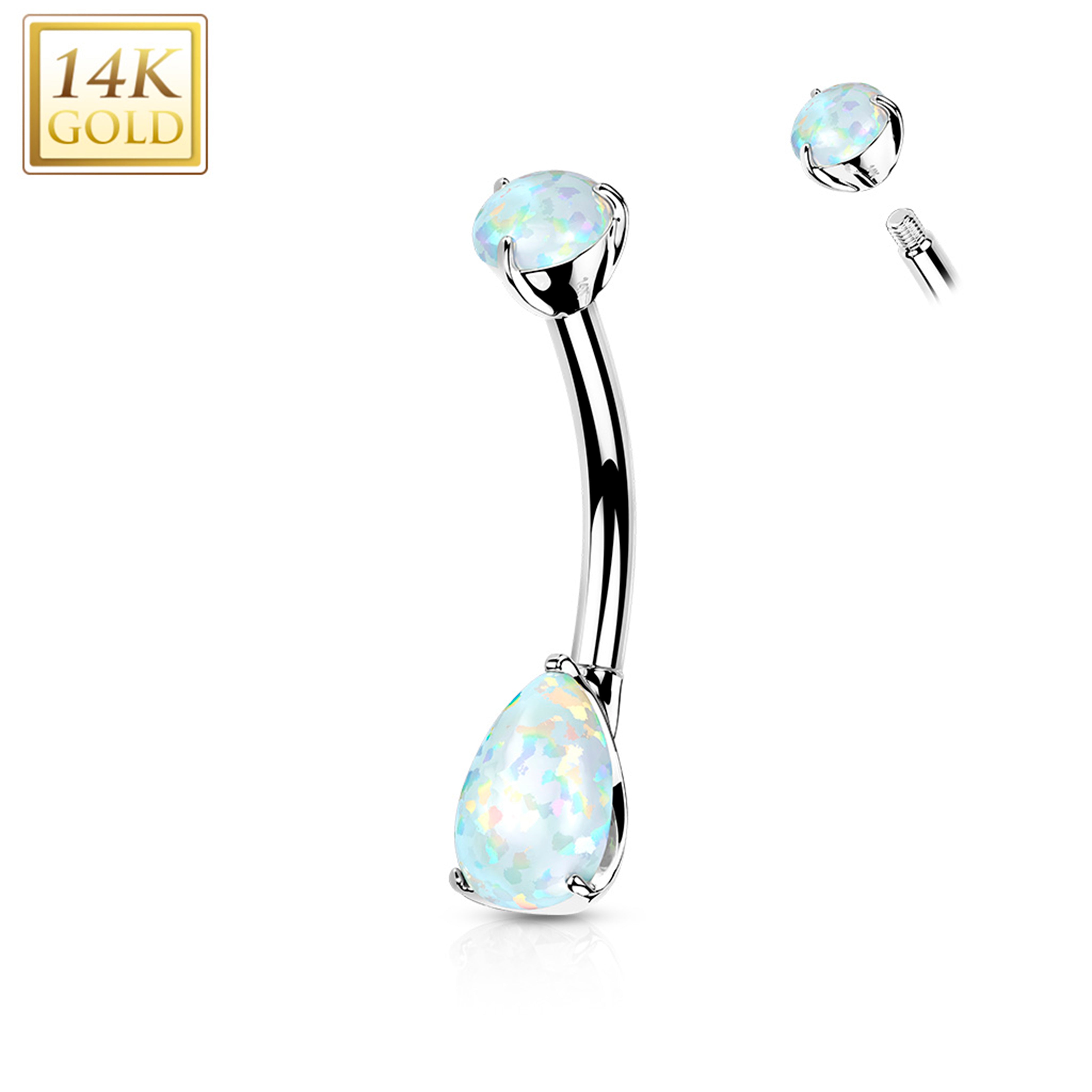 14k Solid White Gold Double Prong Set Teardrop Synthetic Opal Belly Ring