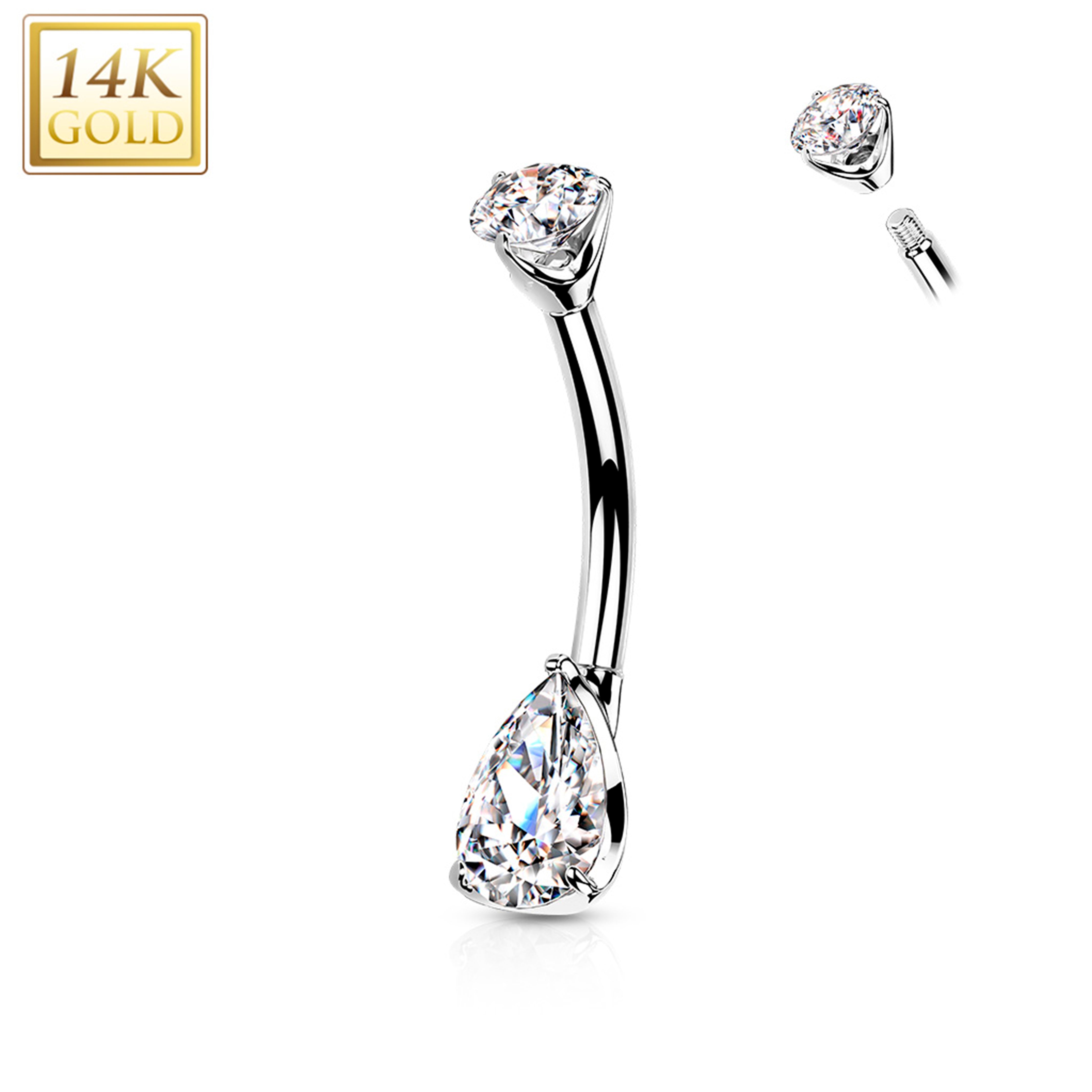14k Solid White Gold Double Prong Set Teardrop Cubic Zirconia Belly Ring