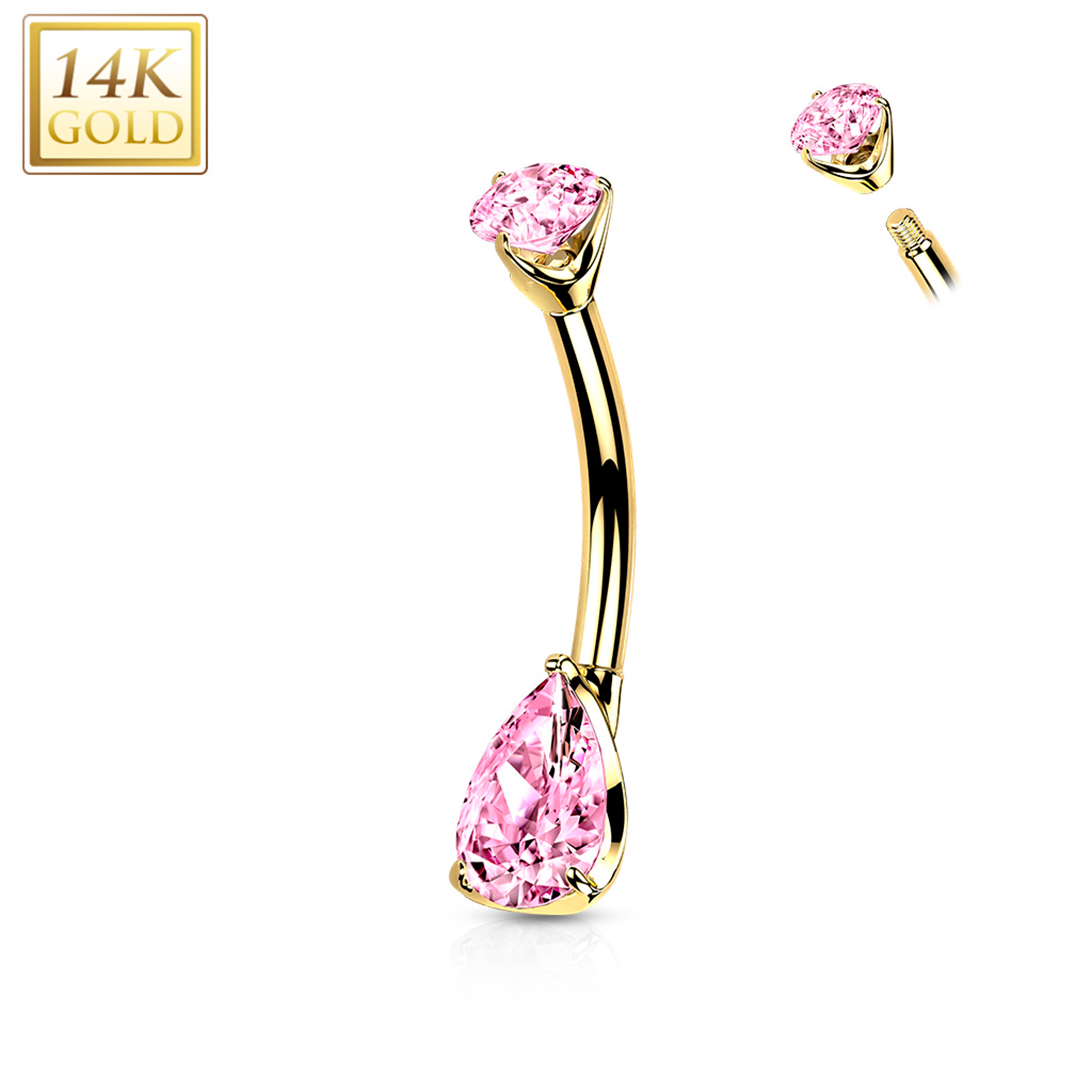 14k Solid Yellow Gold Double Prong Set Pink Teardrop Cubic Zirconia Belly Ring