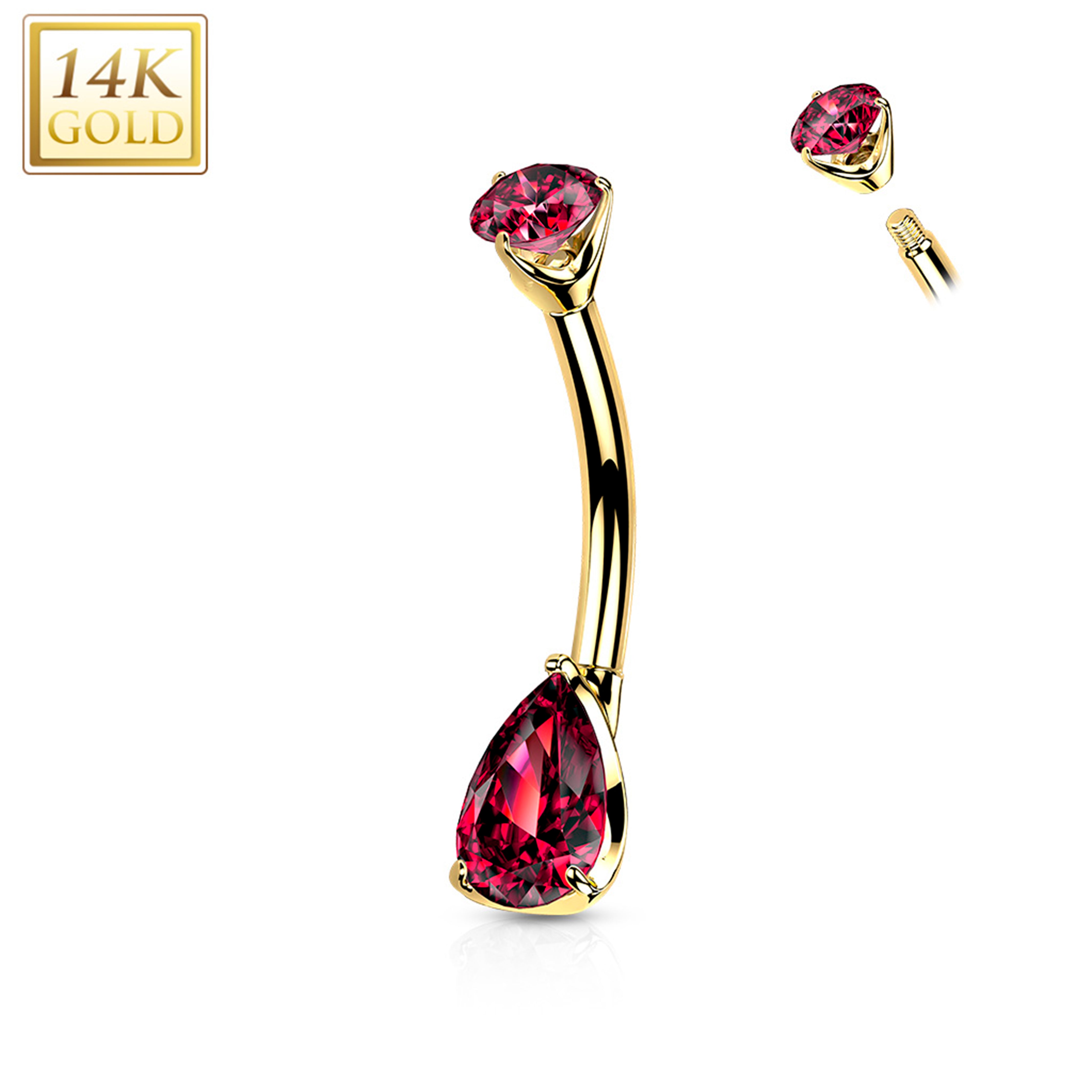 14k Solid Yellow Gold Double Prong Set Red Teardrop Cubic Zirconia Belly Ring