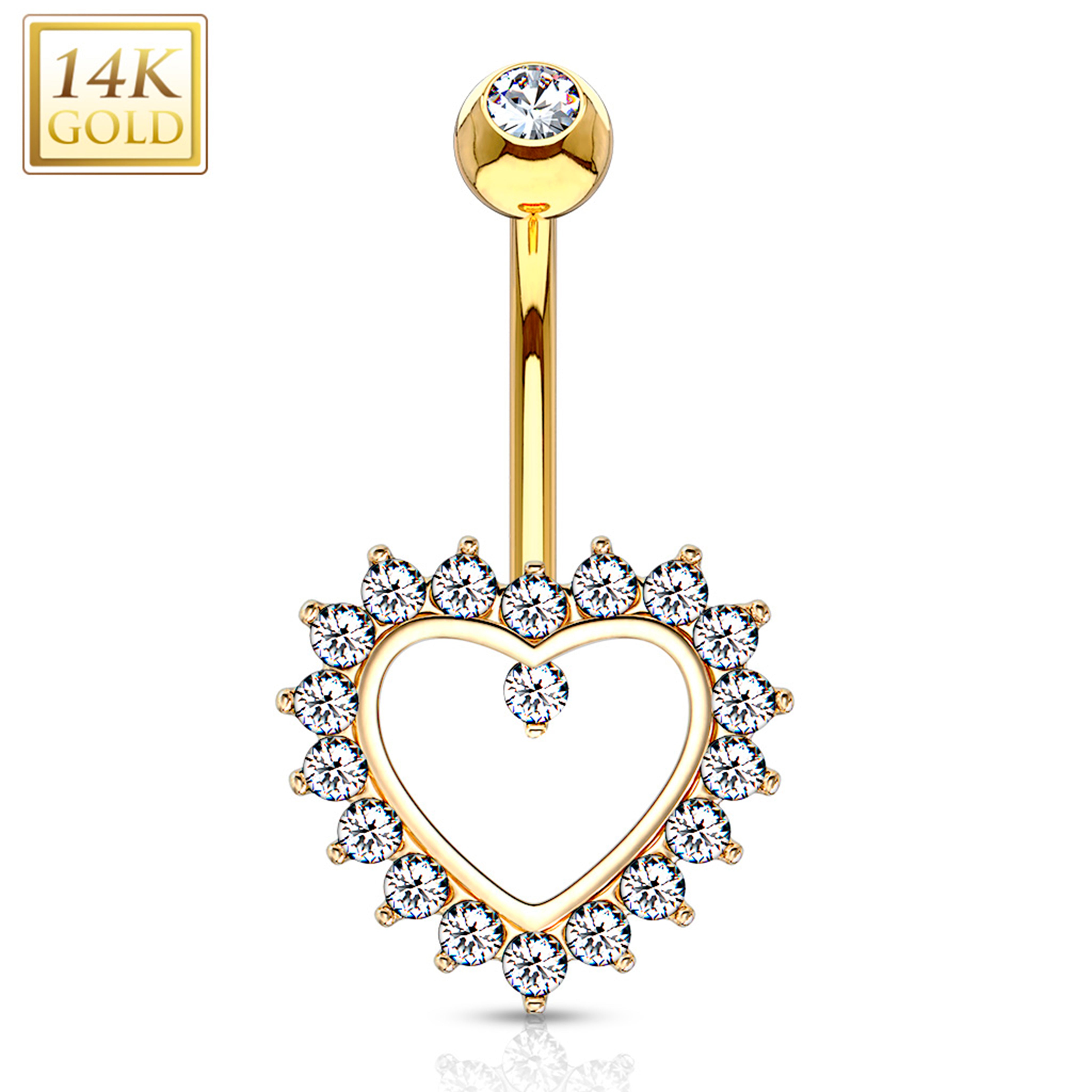 14k Solid Yellow Gold Cubic Zirconia Paved Hollow Heart Belly Ring