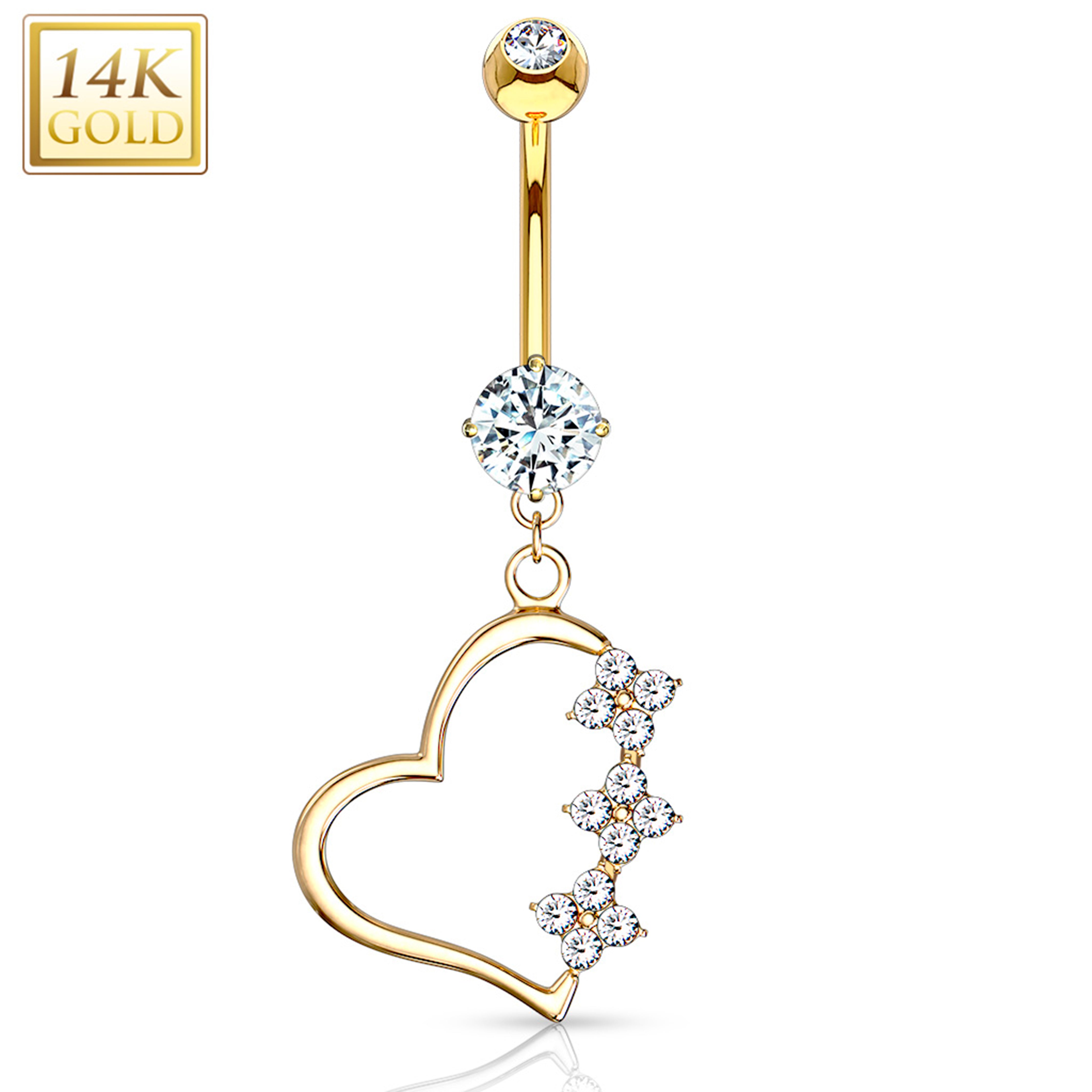 14k Solid Yellow Gold CZ Sweet Hollow Heart Dangle Belly Ring
