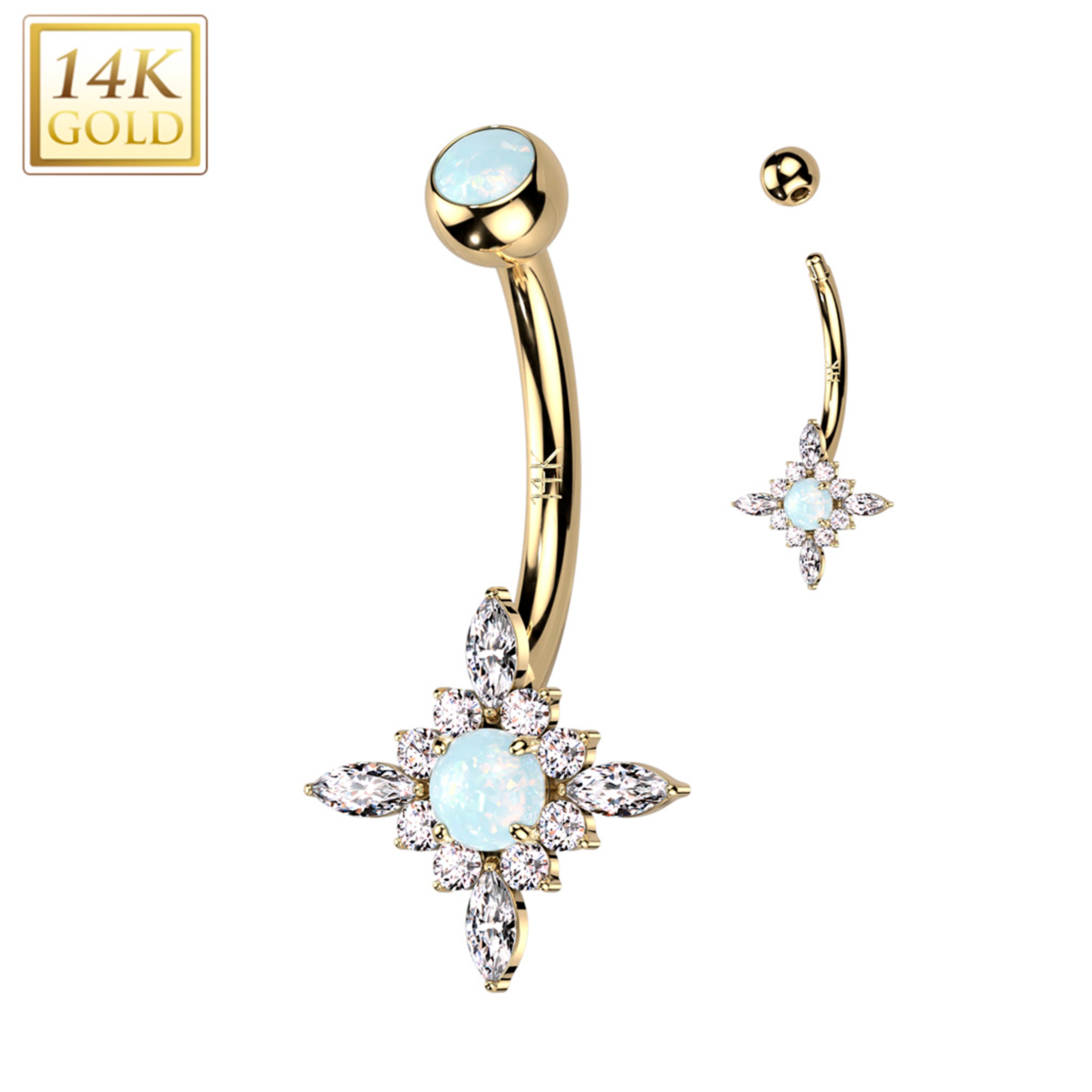 14k Solid Yellow Gold CZ Synthetic Opal Star Burst Belly Ring