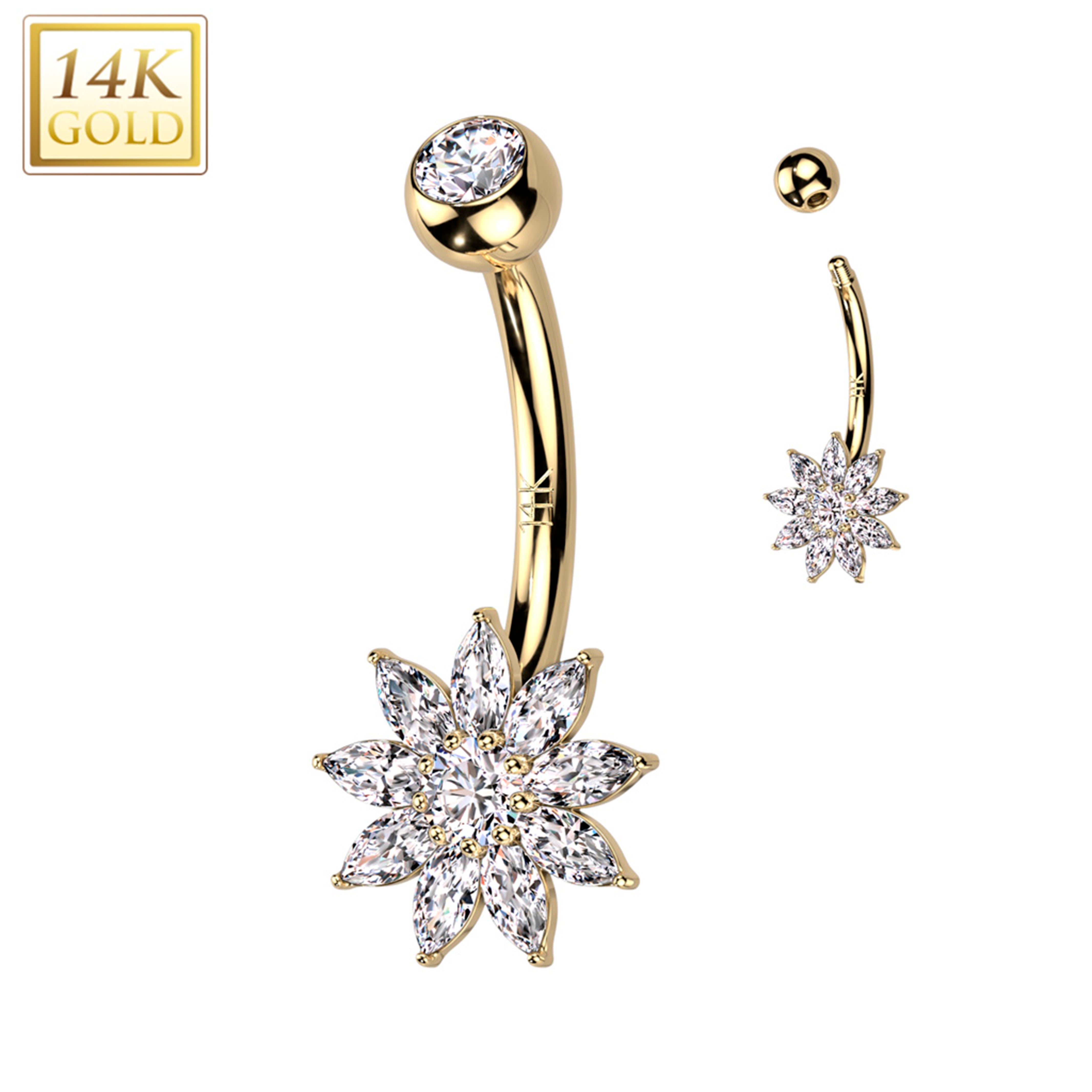 14k Solid Yellow Gold Cubic Zirconia Floral Flower Belly Ring