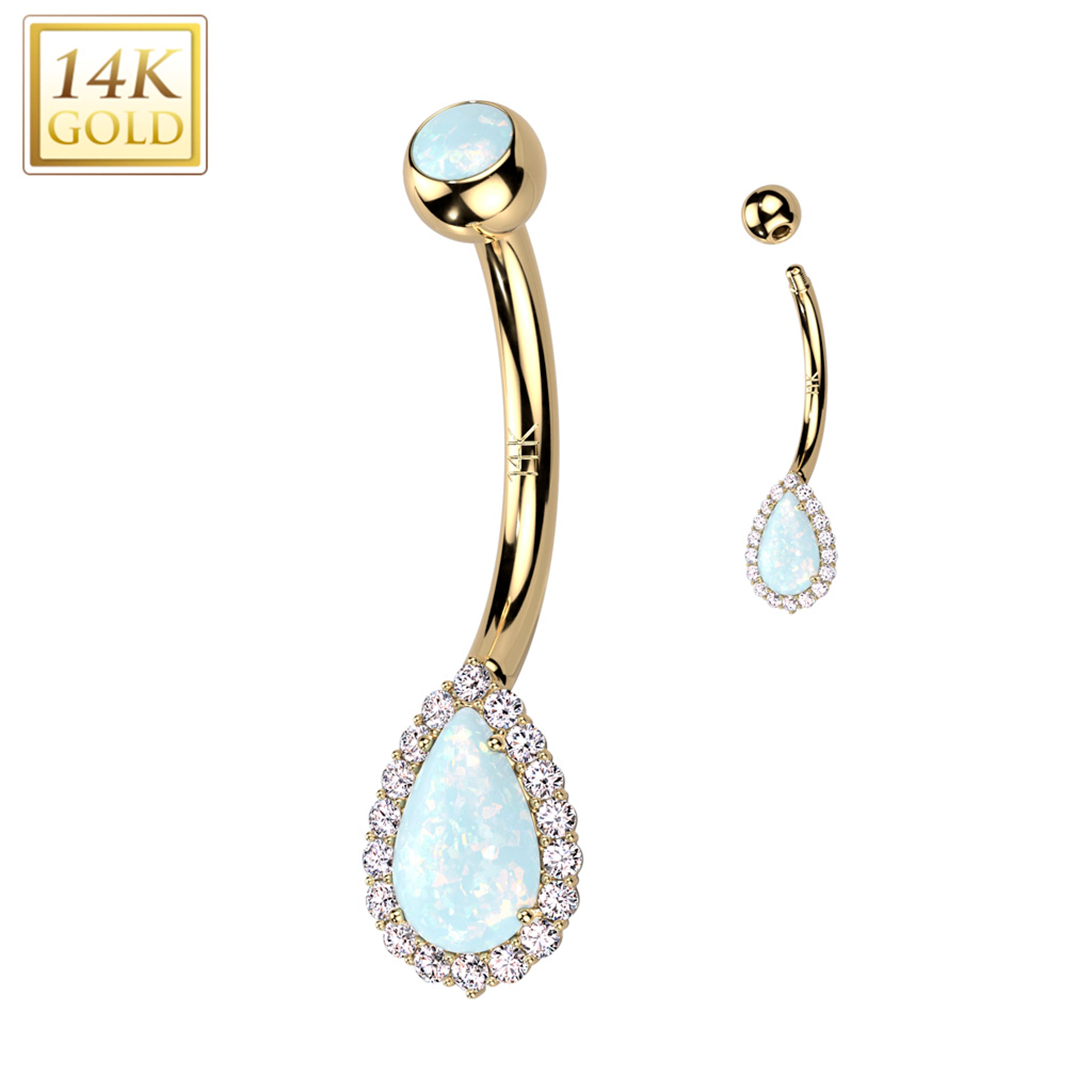 14k Solid Yellow Gold CZ Synthetic Opal Deco Tear Drop Belly Ring