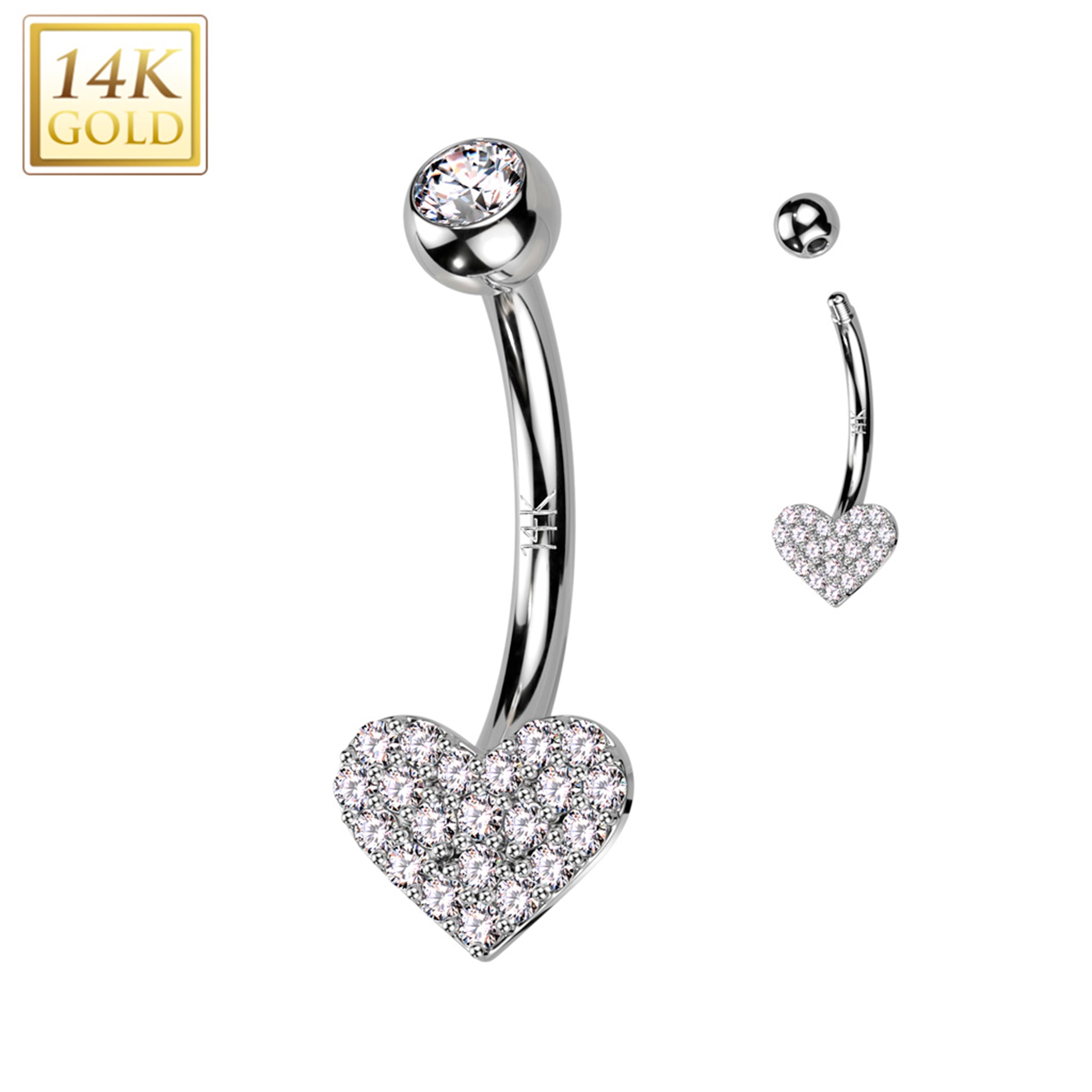14k Solid White Gold Cubic Zirconia Paved Heart Belly Ring