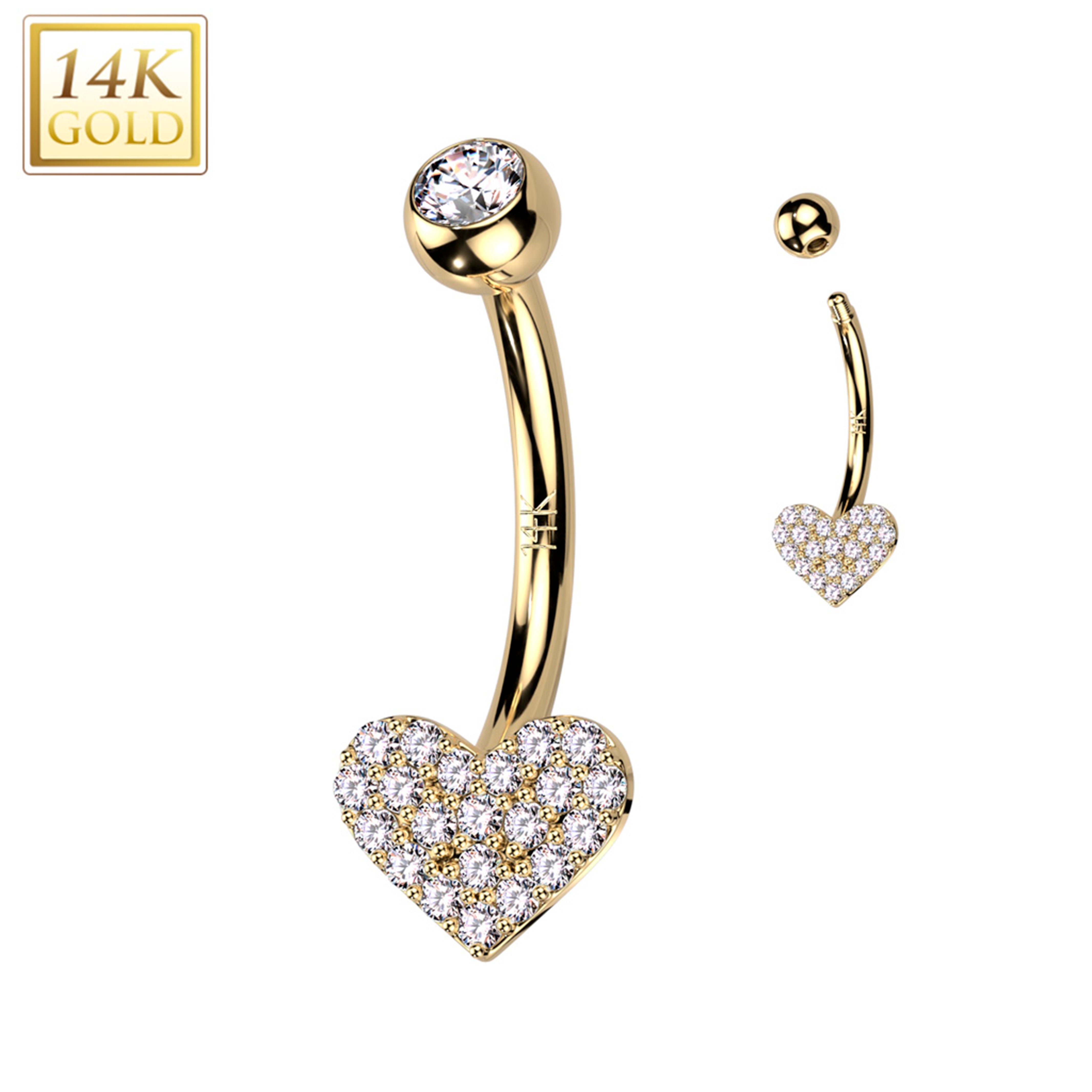 14k Solid Yellow Gold Cubic Zirconia Paved Heart Belly Ring